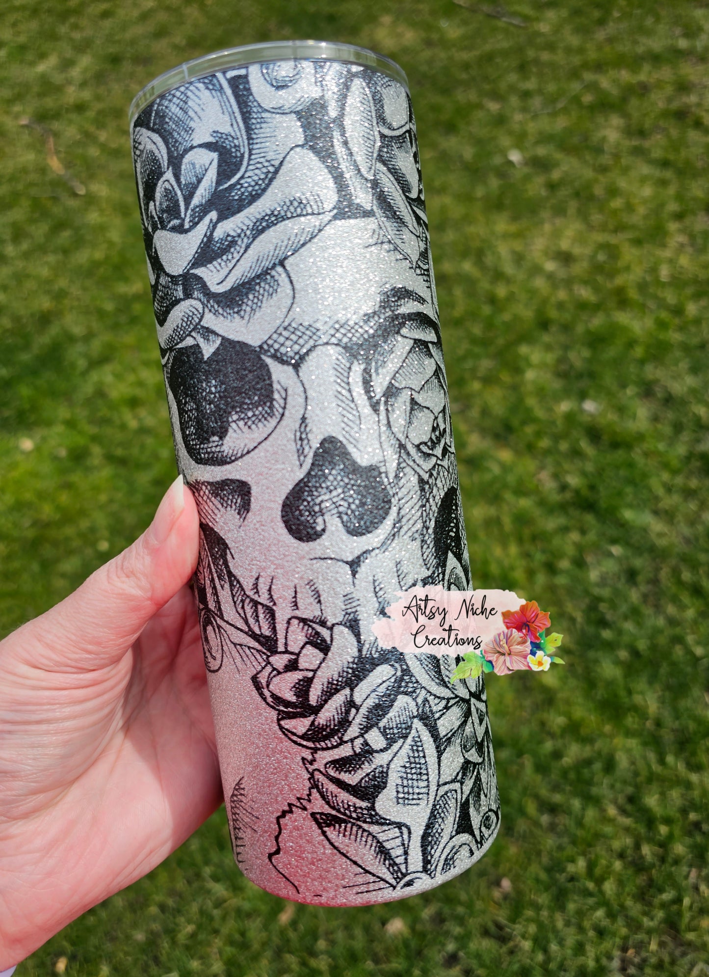 25 oz Silver Glitter Coated Skulls Floral Sublimation Tumbler