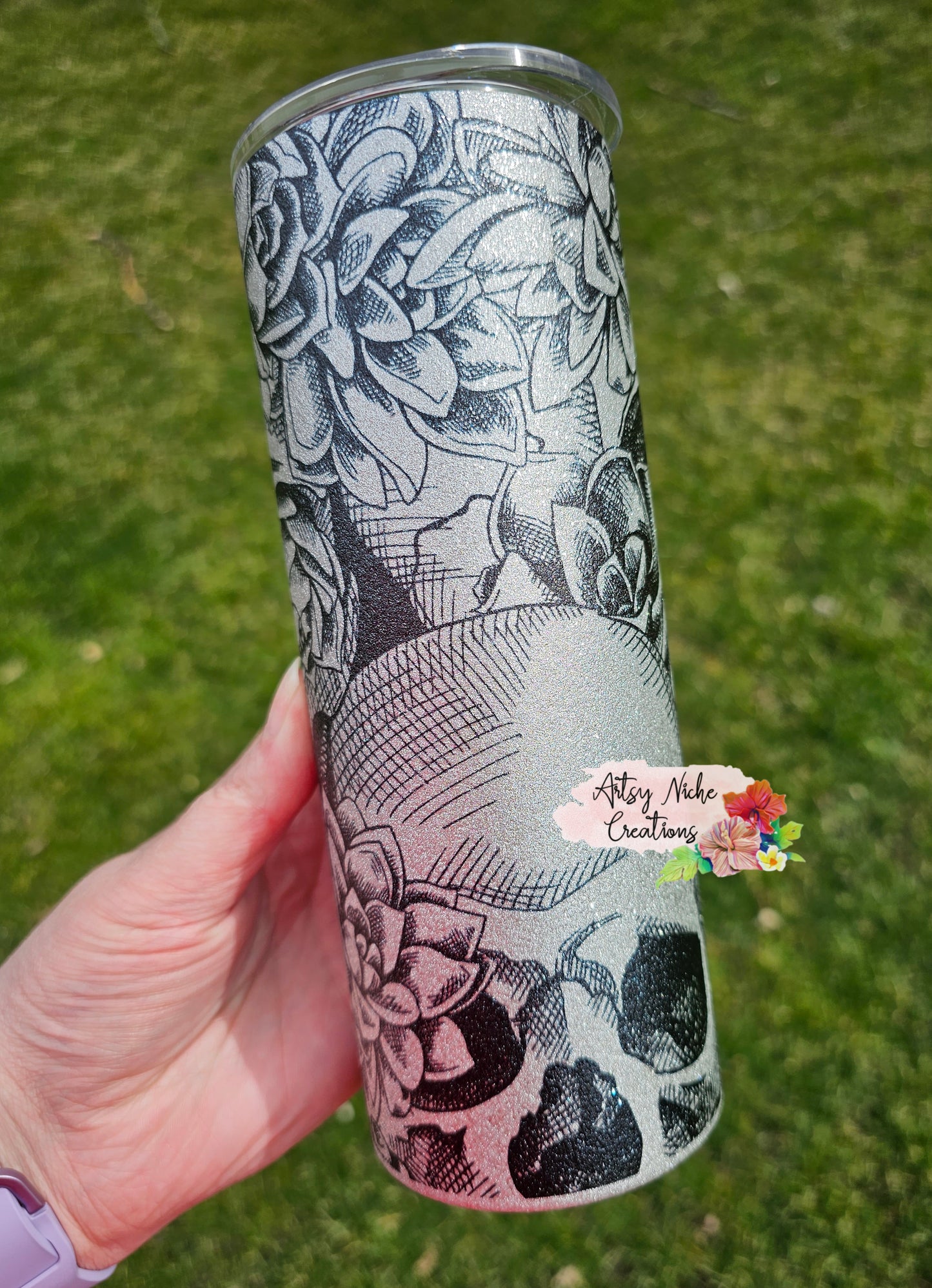 25 oz Silver Glitter Coated Skulls Floral Sublimation Tumbler