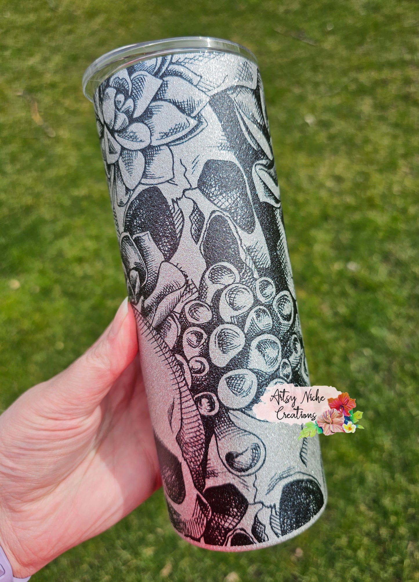 25 oz Silver Glitter Coated Skulls Floral Sublimation Tumbler
