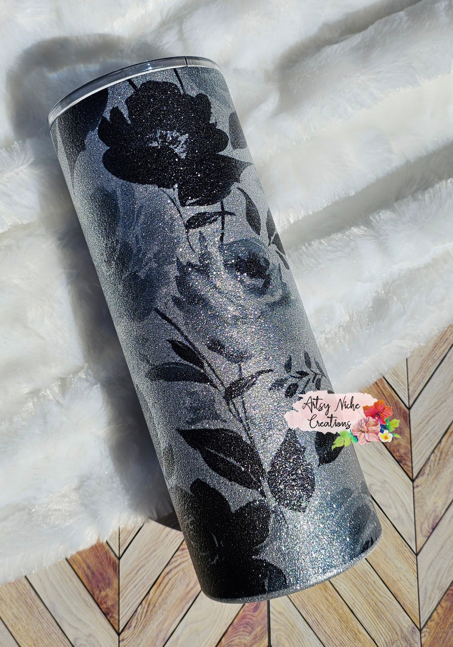 25 oz Silver Glitter Coated Floral Sublimation Tumbler