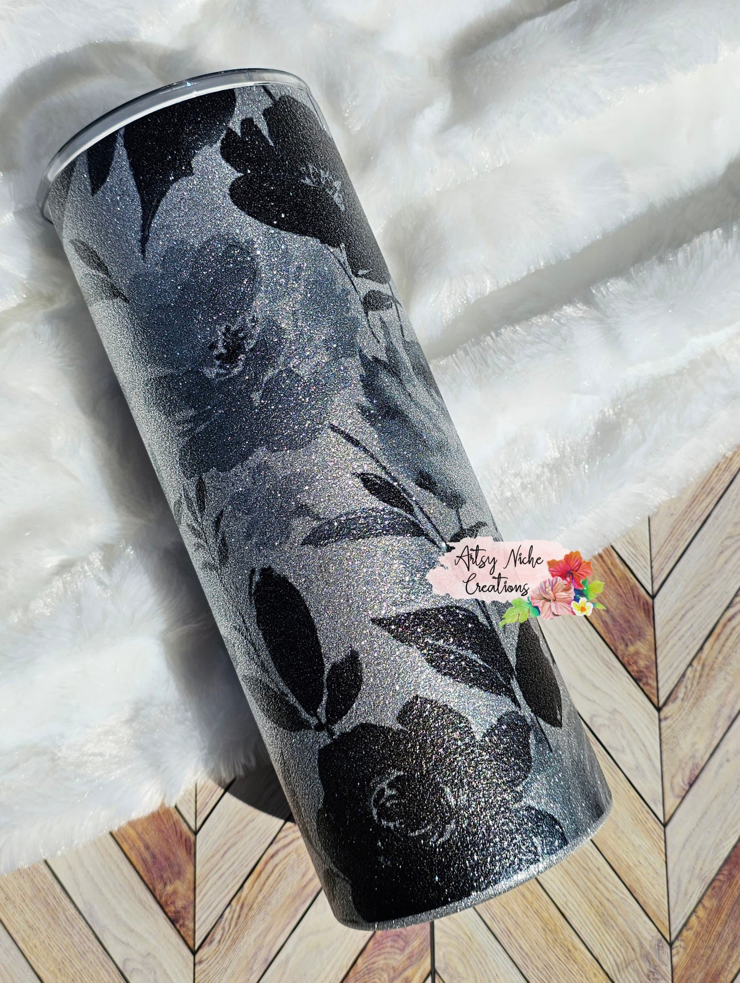 25 oz Silver Glitter Coated Floral Sublimation Tumbler