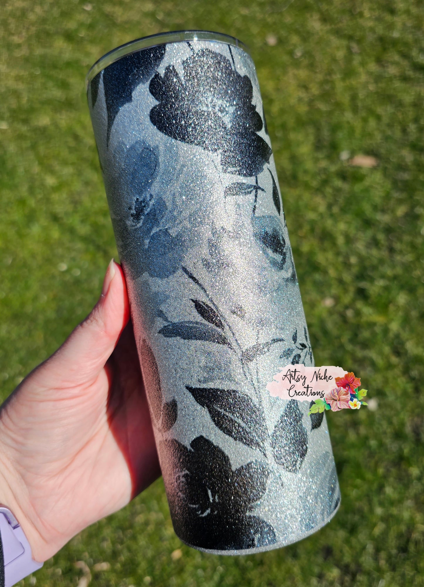 25 oz Silver Glitter Coated Floral Sublimation Tumbler