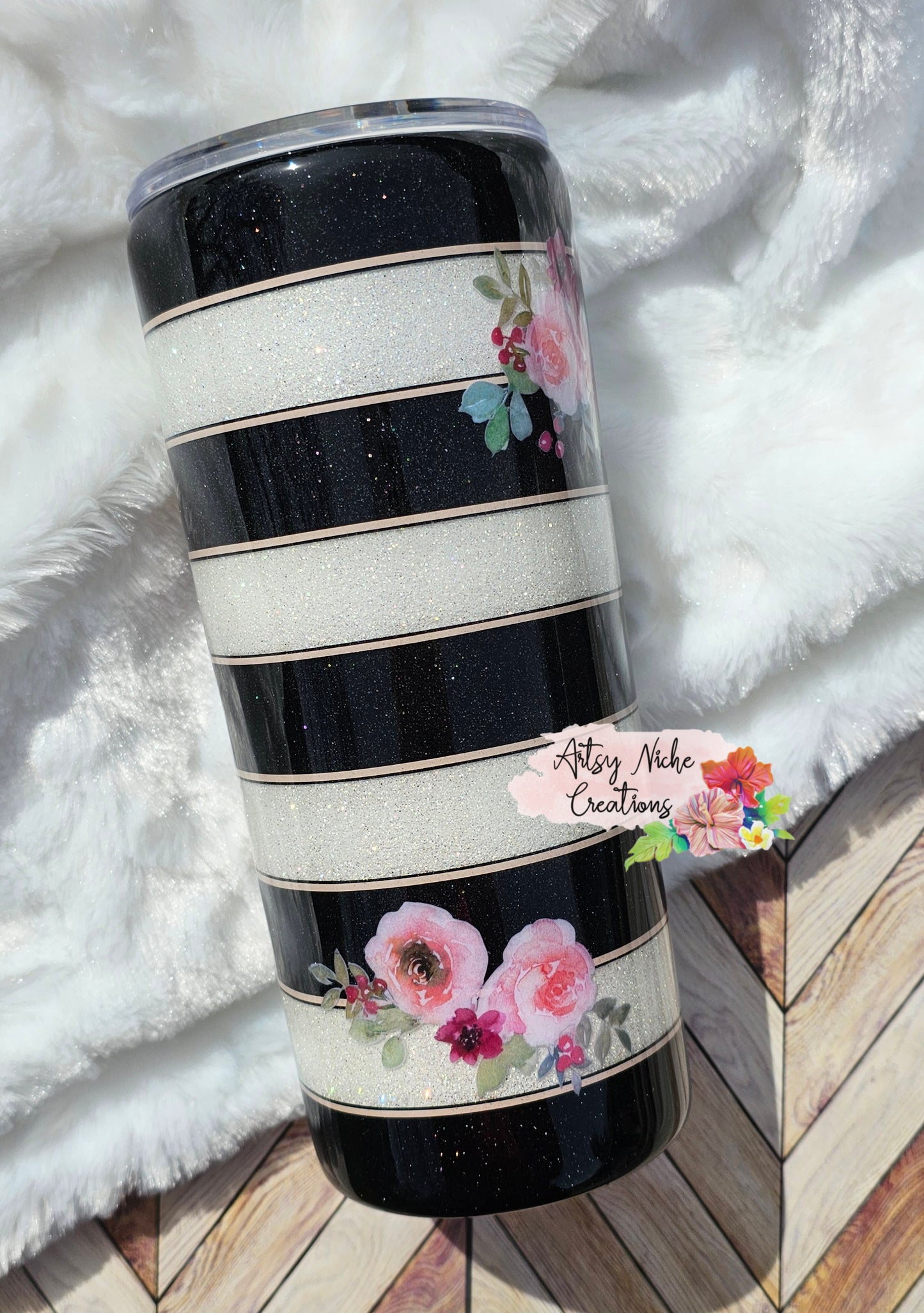 20 oz Black & White Stripe Floral Accents Epoxy Tumbler