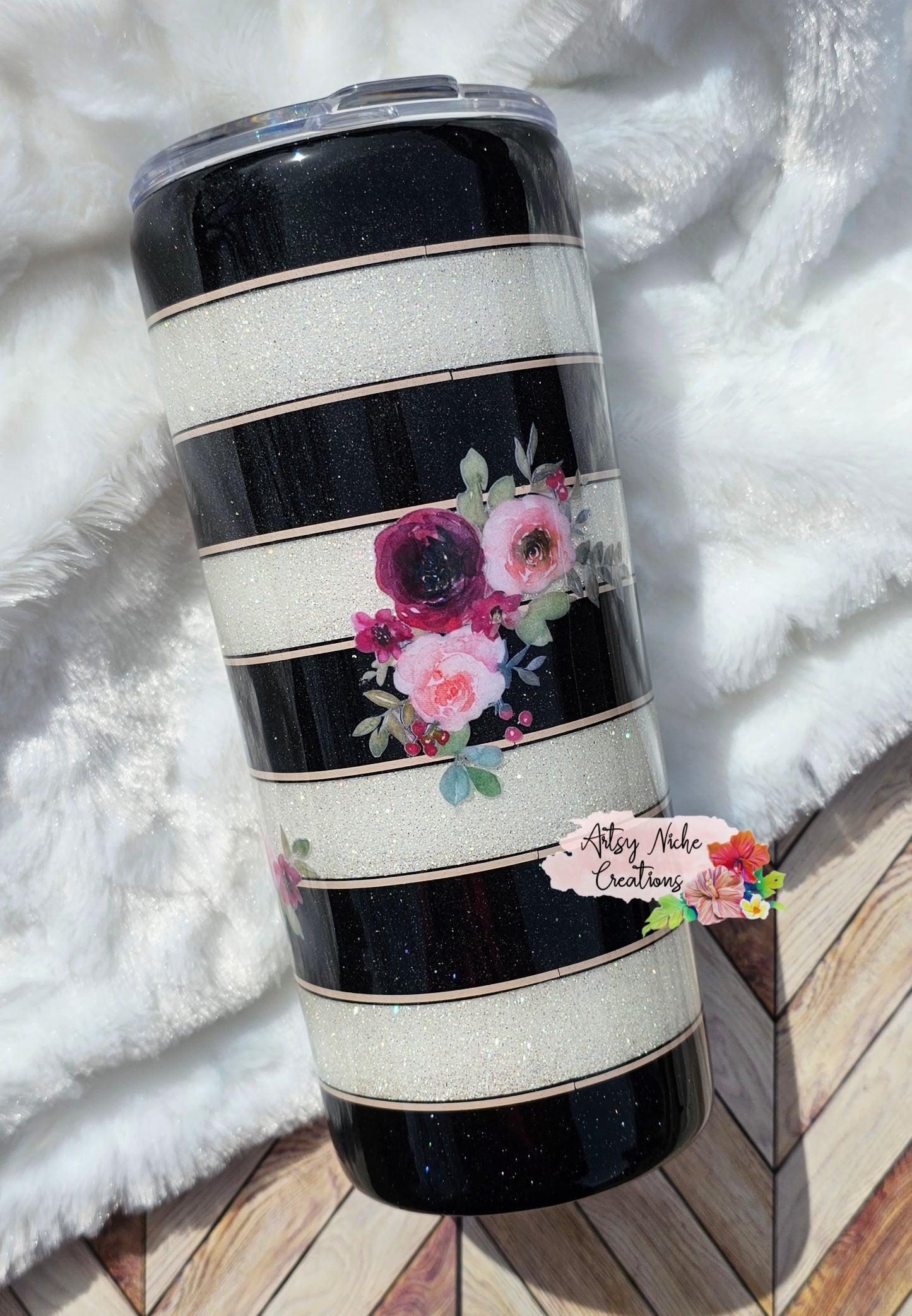 20 oz Black & White Stripe Floral Accents Epoxy Tumbler