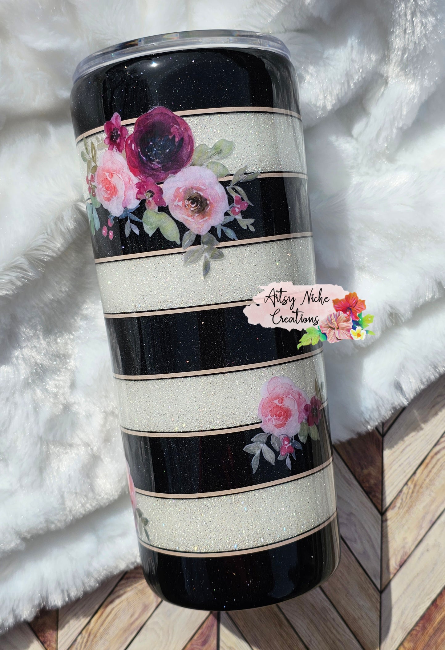 20 oz Black & White Stripe Floral Accents Epoxy Tumbler