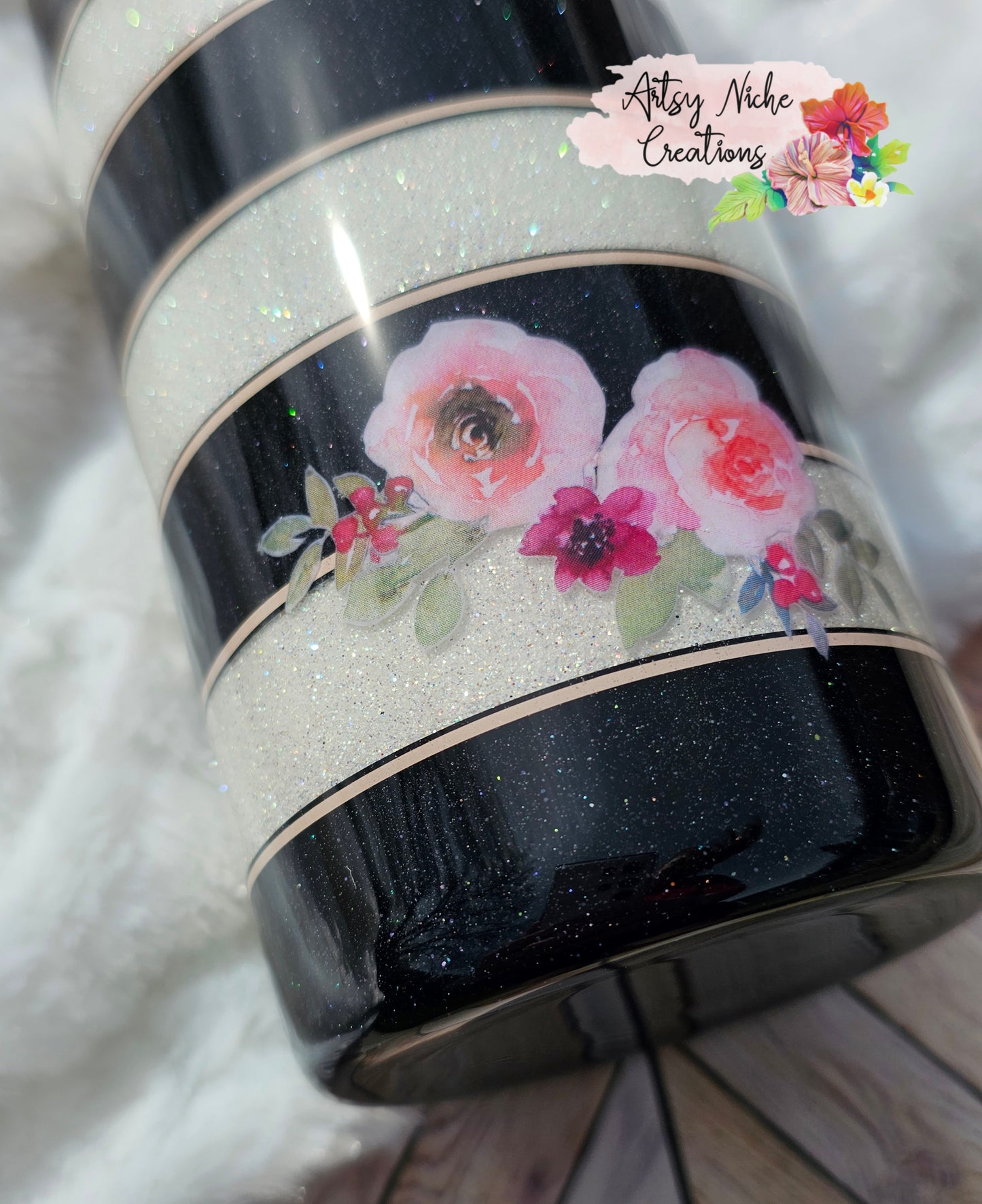 20 oz Black & White Stripe Floral Accents Epoxy Tumbler