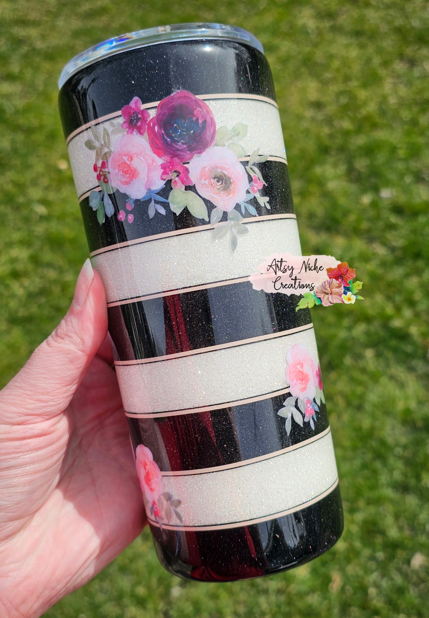 20 oz Black & White Stripe Floral Accents Epoxy Tumbler