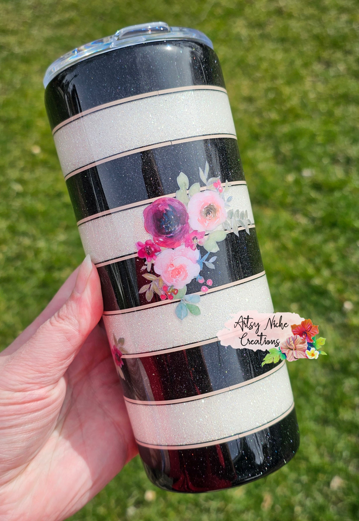 20 oz Black & White Stripe Floral Accents Epoxy Tumbler