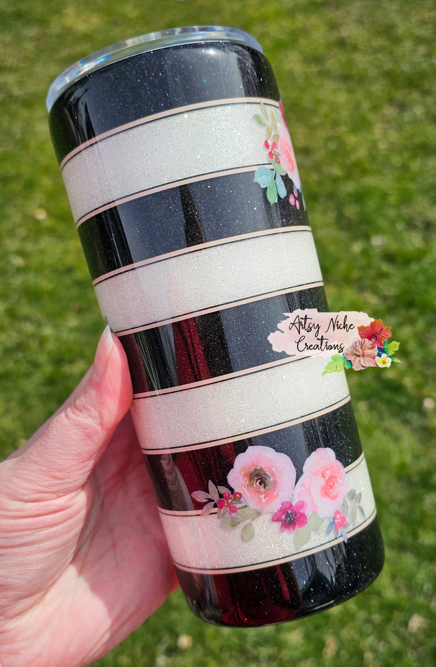 20 oz Black & White Stripe Floral Accents Epoxy Tumbler