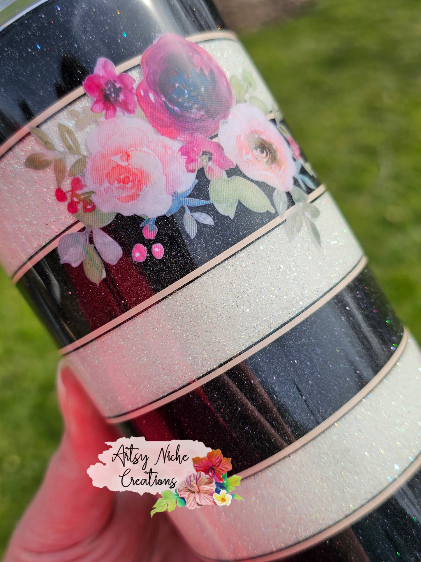 20 oz Black & White Stripe Floral Accents Epoxy Tumbler