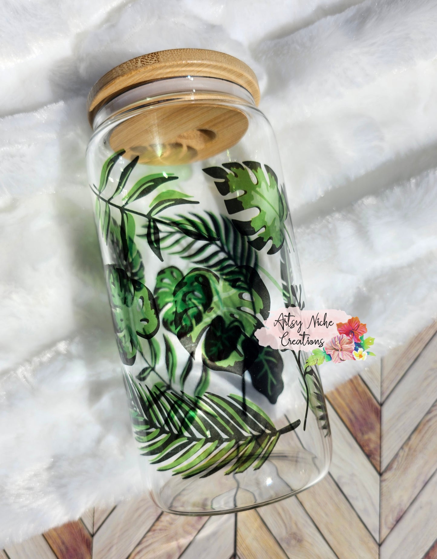 16 oz Sublimation Clear Glass Can Tropical Leaves