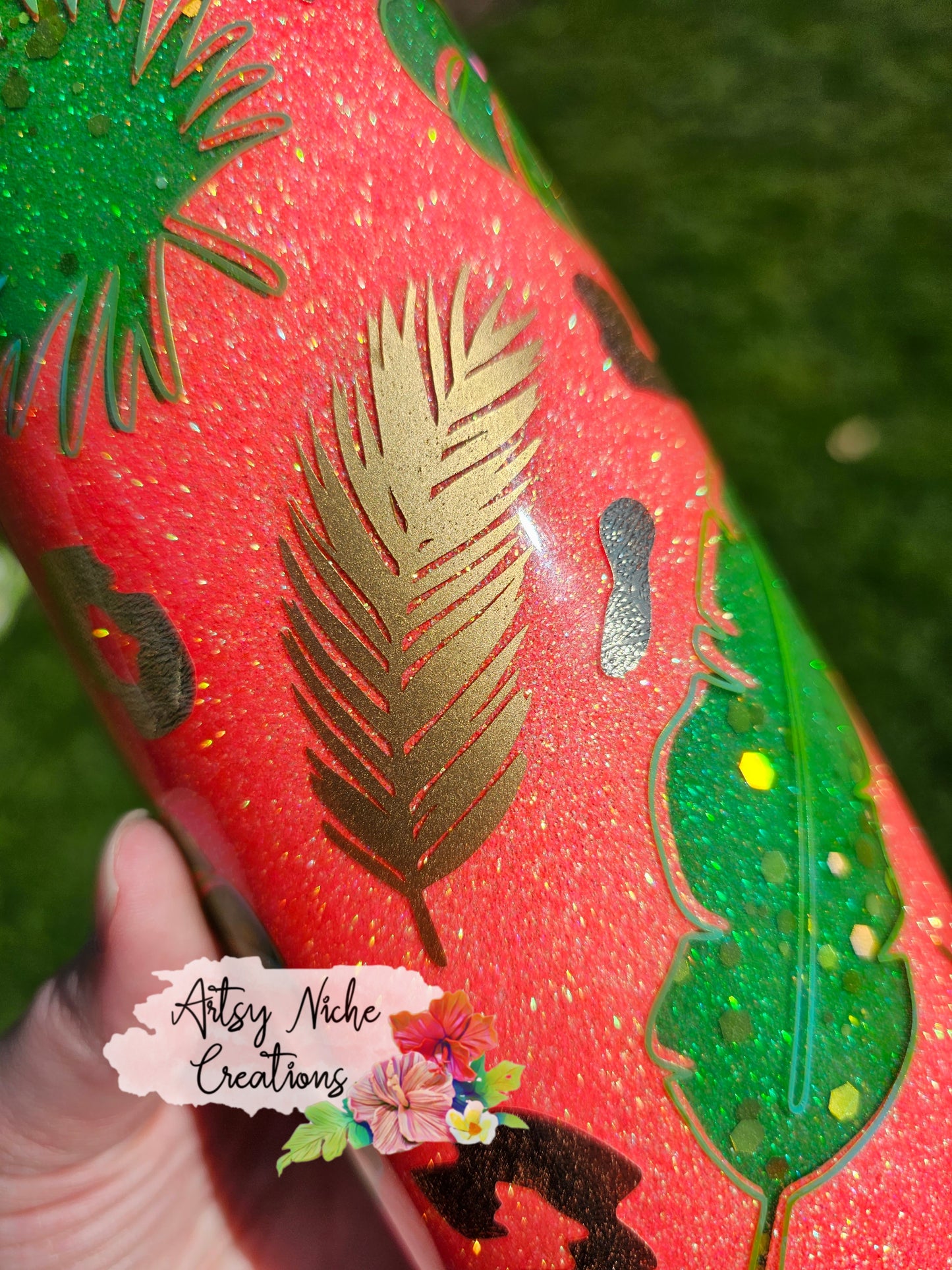 30 oz Coral Tropical Double Glitter Monstera & Palms Peekaboo Epoxy Tumbler
