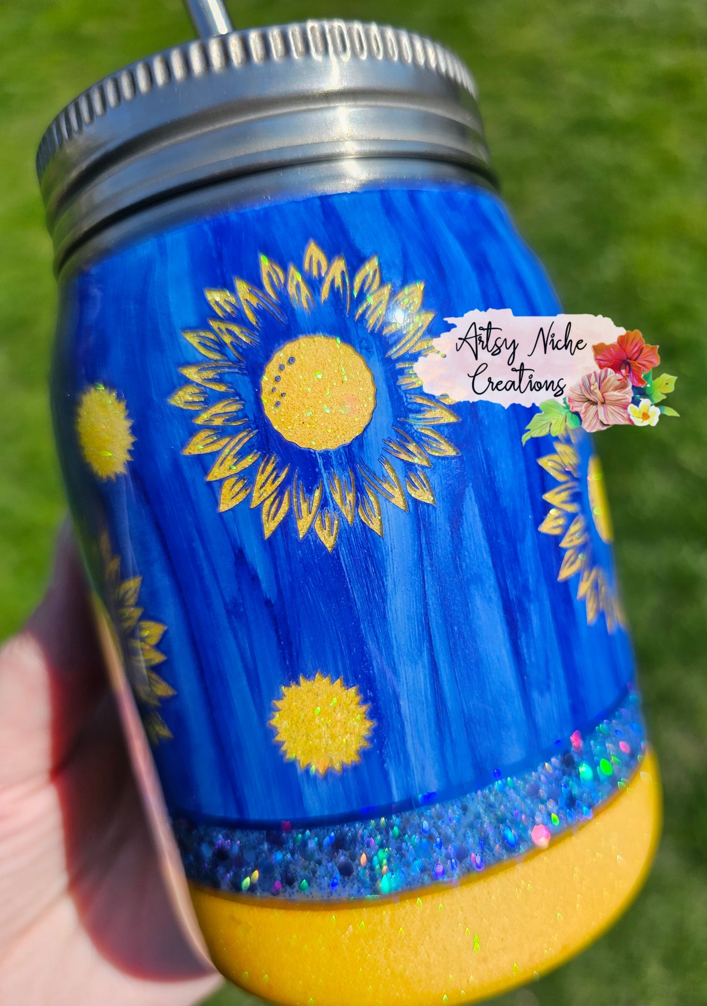 12 oz Sunflower Peekaboo Blue Wood Grain Mason Jar Epoxy Tumbler