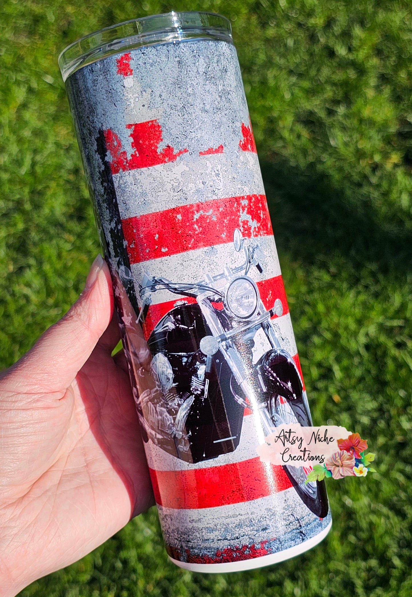 20 oz Distressed American Flag Motorcycle Sublimation Tumbler