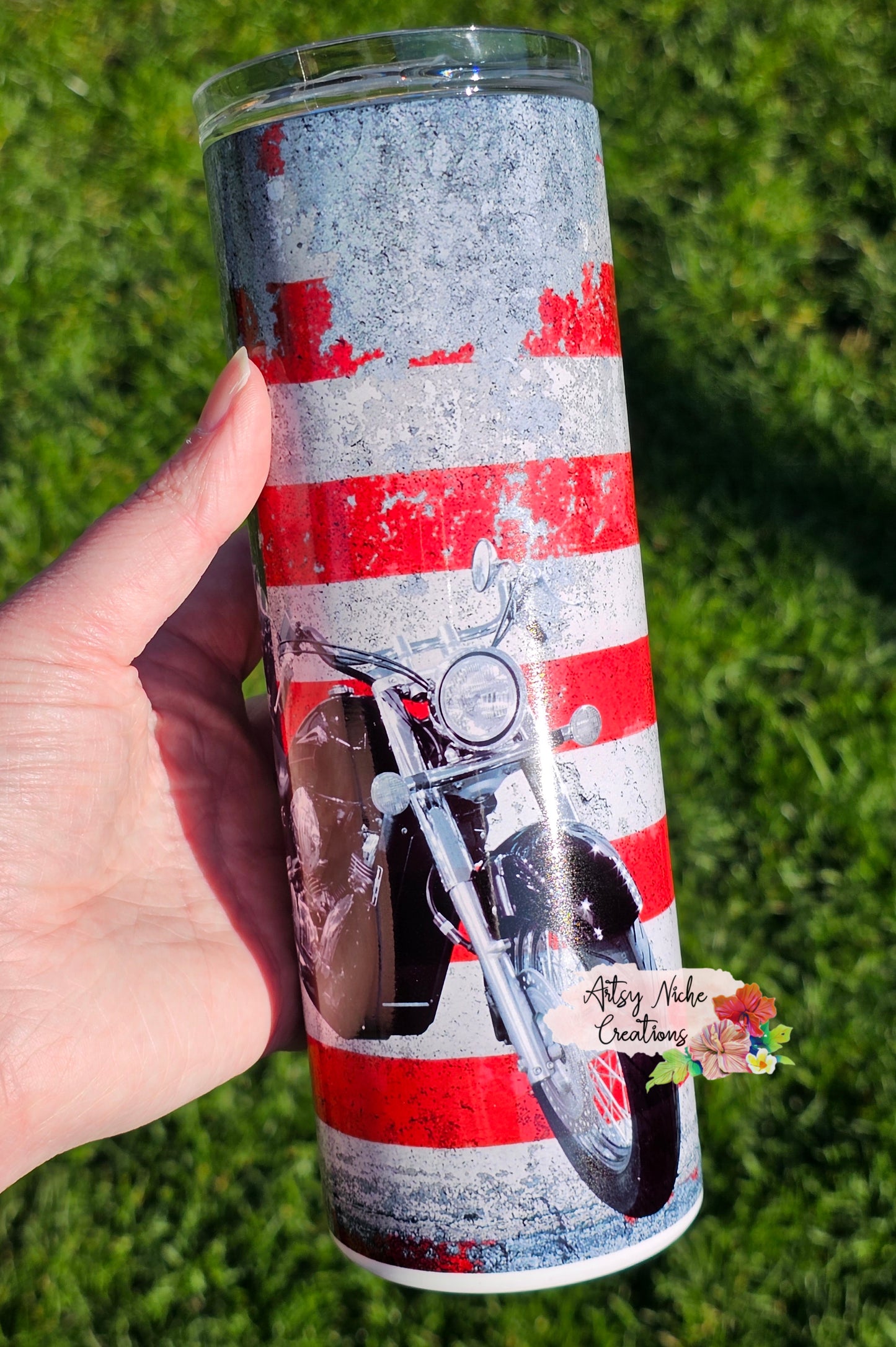 20 oz Distressed American Flag Motorcycle Sublimation Tumbler