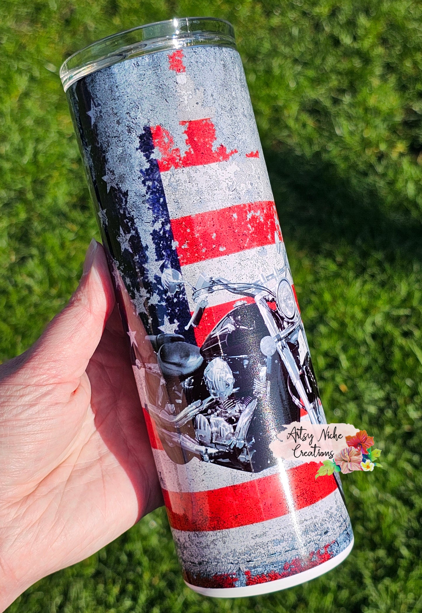 20 oz Distressed American Flag Motorcycle Sublimation Tumbler