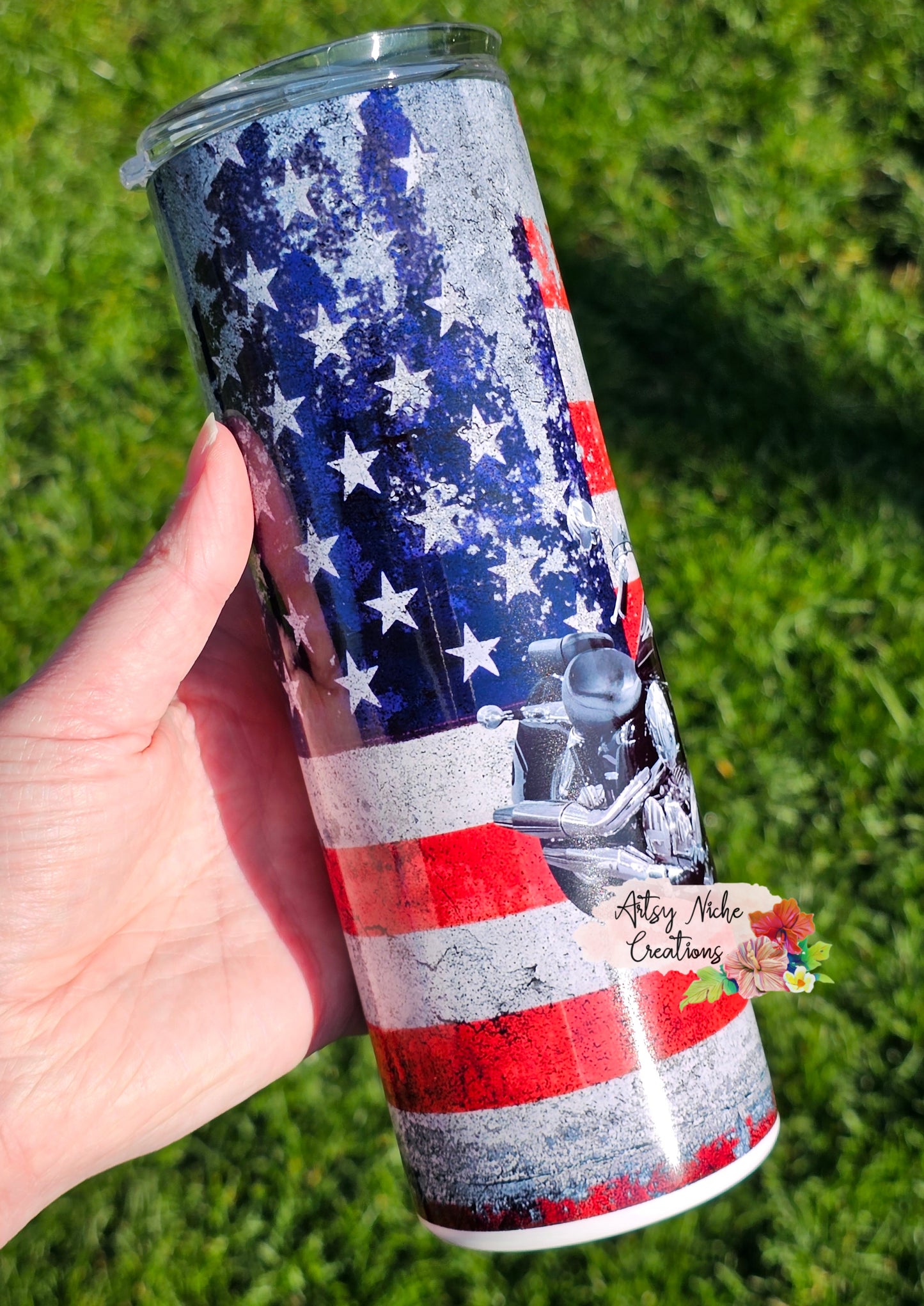 20 oz Distressed American Flag Motorcycle Sublimation Tumbler