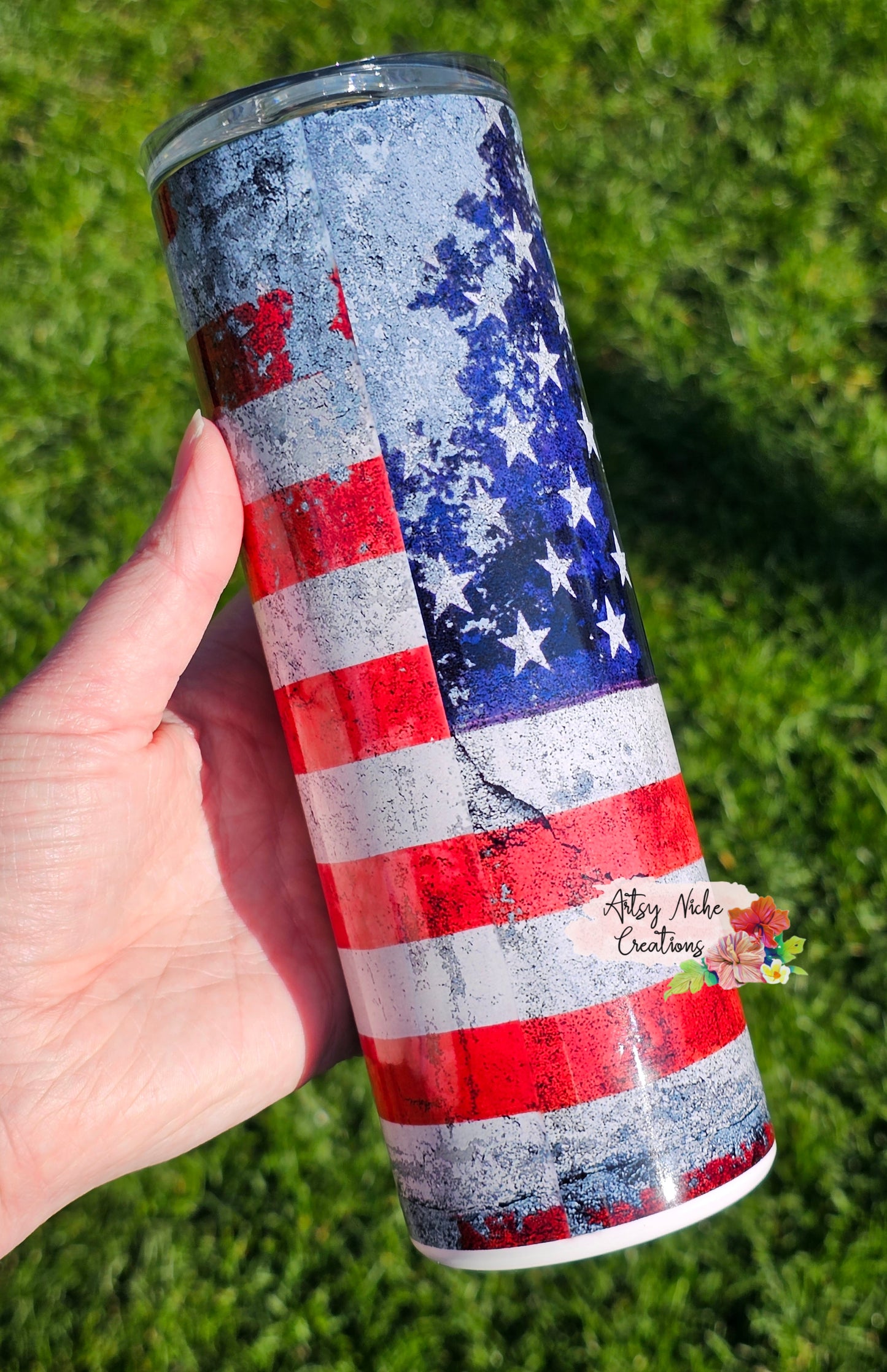 20 oz Distressed American Flag Motorcycle Sublimation Tumbler