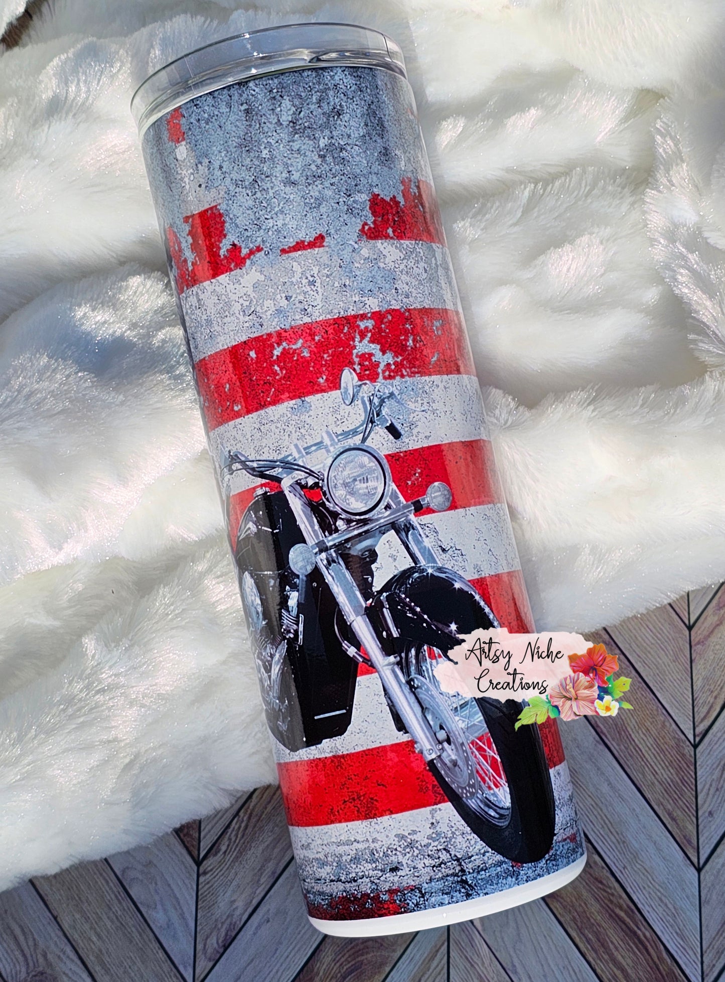 20 oz Distressed American Flag Motorcycle Sublimation Tumbler