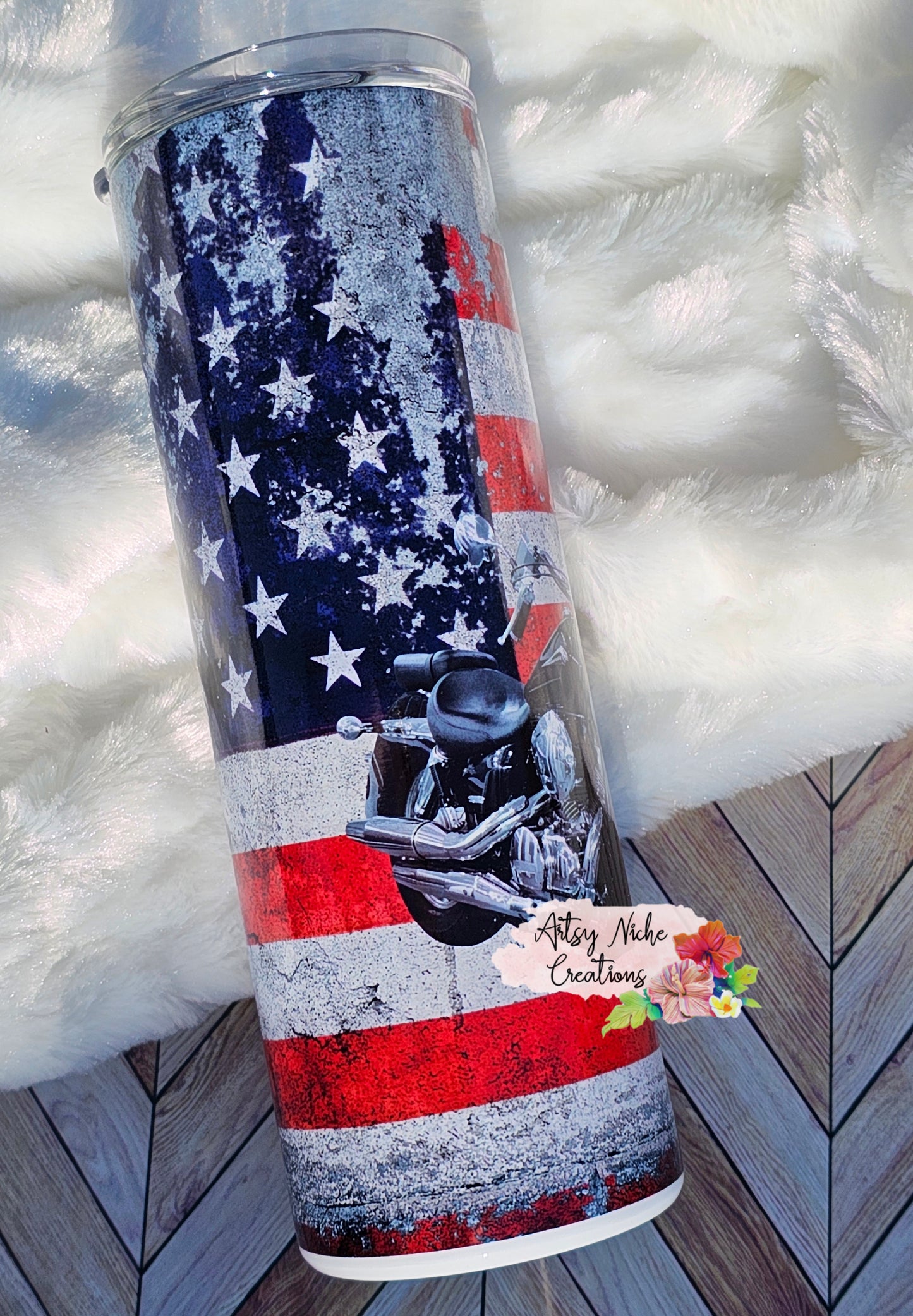 20 oz Distressed American Flag Motorcycle Sublimation Tumbler