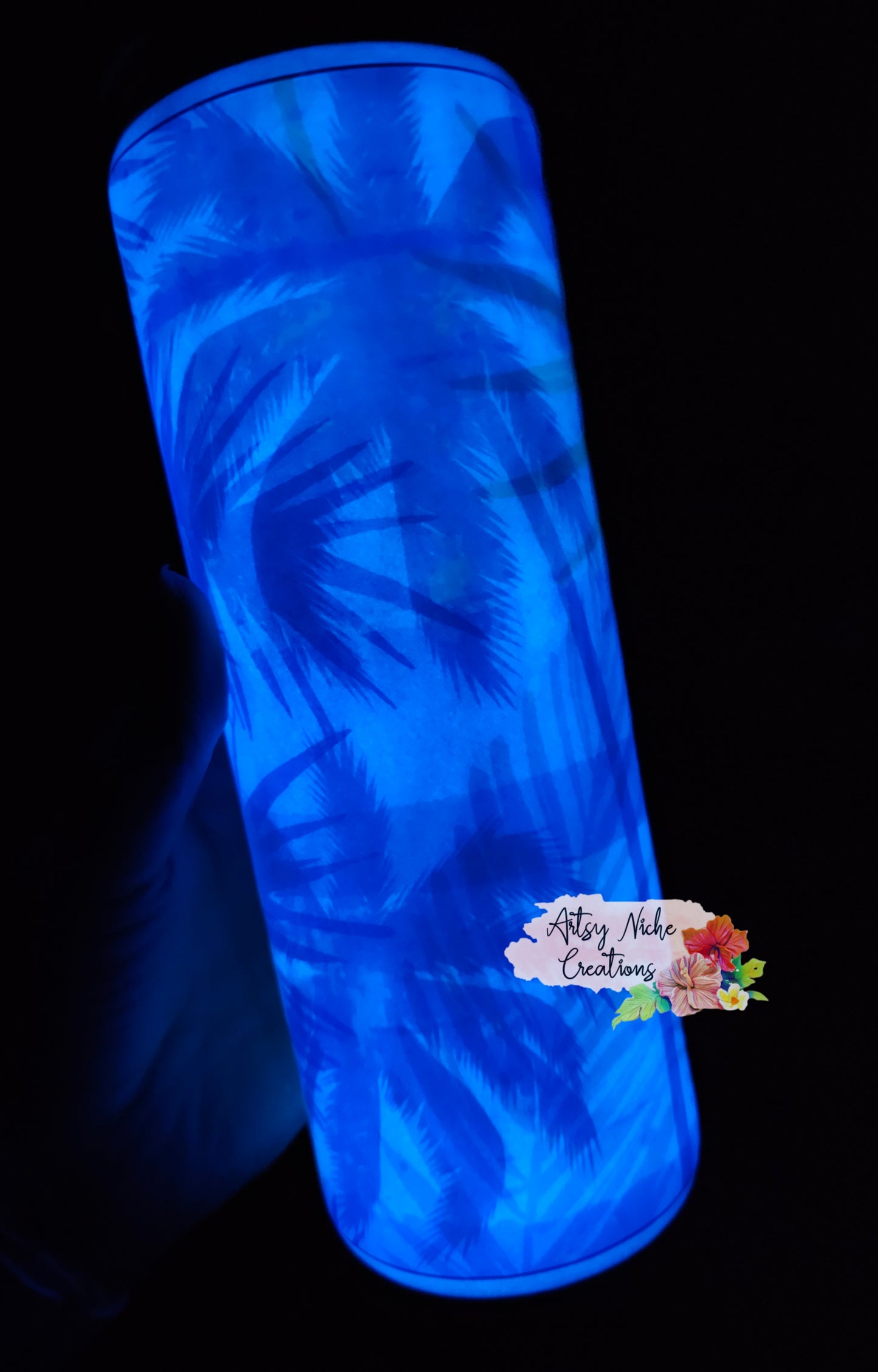 20 oz Skinny Glow-in-the-Dark Blue Palm Tree Epoxy Tumbler Set