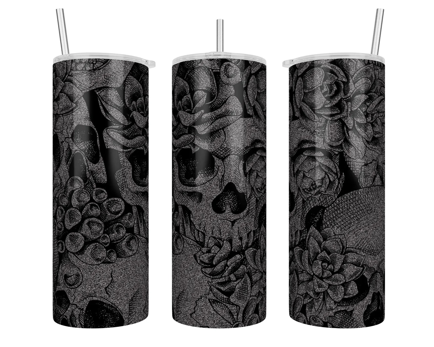 25 oz Silver Glitter Coated Skulls Floral Sublimation Tumbler