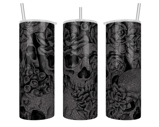 25 oz Silver Glitter Coated Skulls Floral Sublimation Tumbler