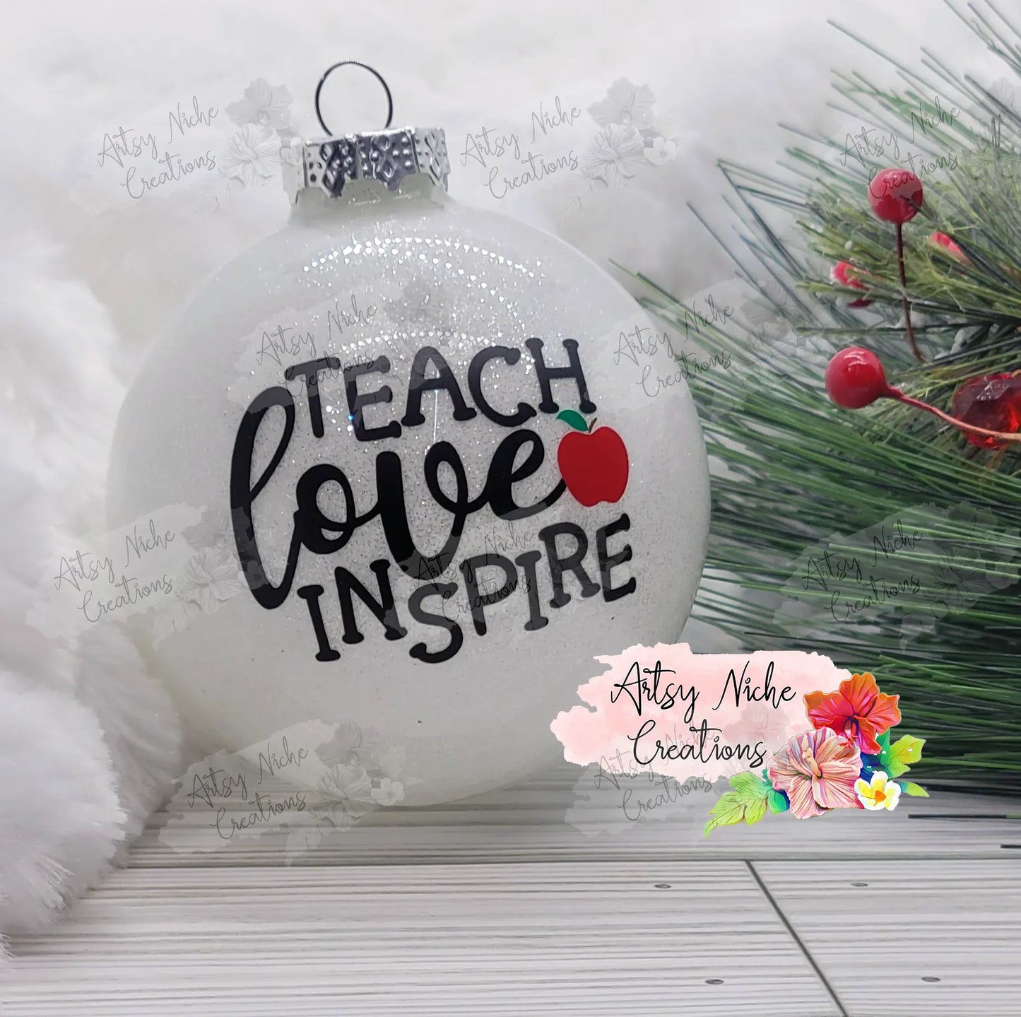 Teach Love Inspire Apple Glass Ball Christmas Ornament