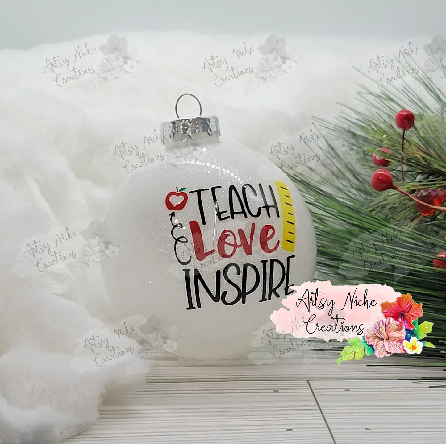 Teach Love Inspire Apple And Ruler Glass Ball Christmas Ornament