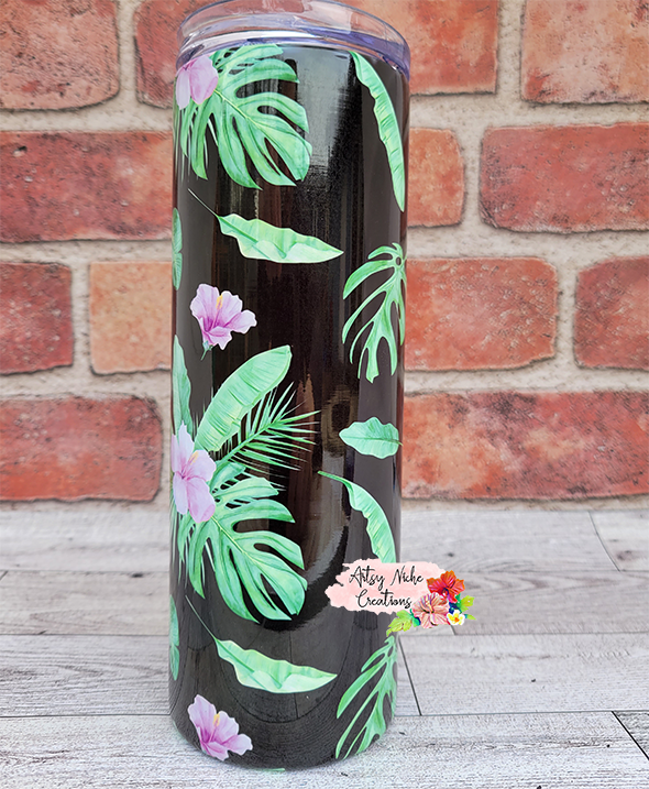 20 oz Skinny Black Tropical Hibiscus Flower Sublimation Tumbler - Imperfect