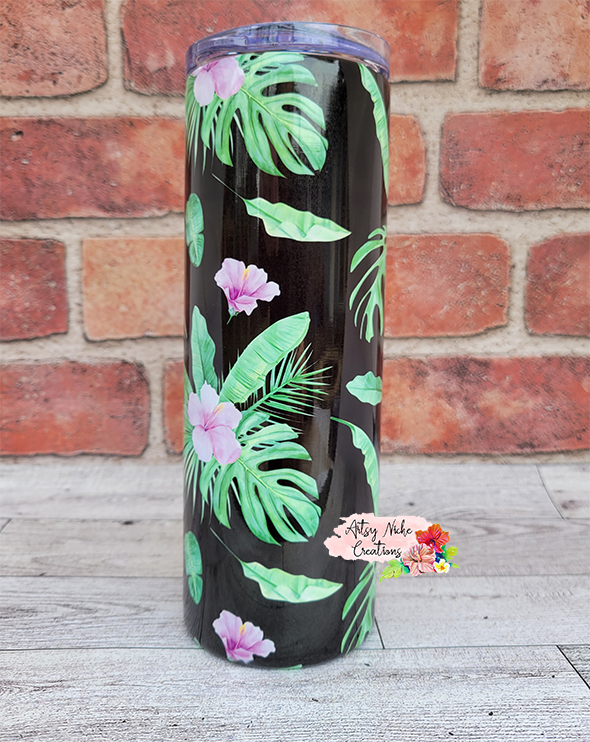 20 oz Skinny Black Tropical Hibiscus Flower Sublimation Tumbler - Imperfect