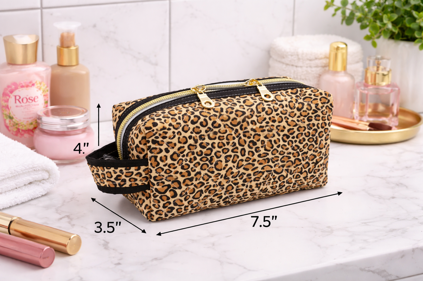 Leopard Pattern Black Accented Quilted Pattern Zipper Box Pouch