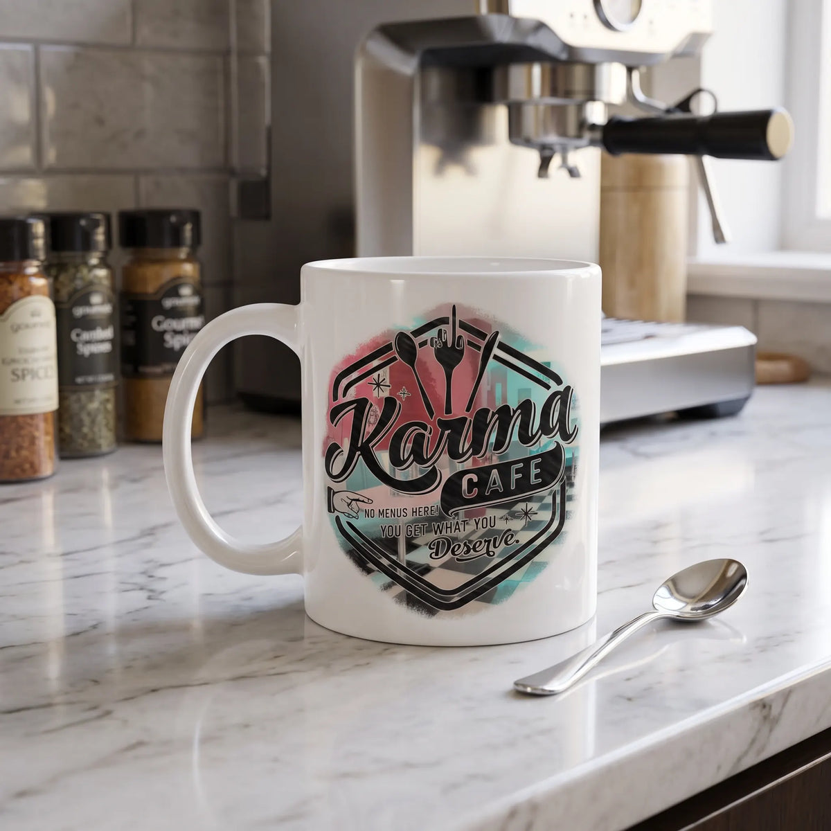 Karma Cafe You Get What You Deserve Coffee Mug