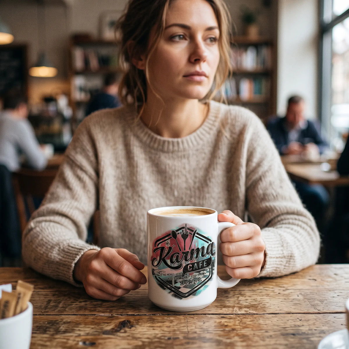 Karma Cafe You Get What You Deserve Coffee Mug