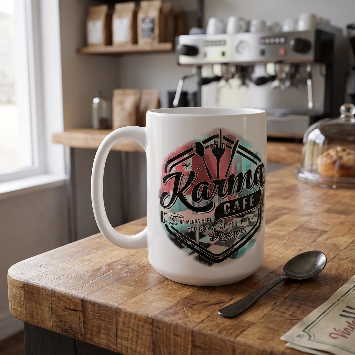 Karma Cafe You Get What You Deserve Coffee Mug