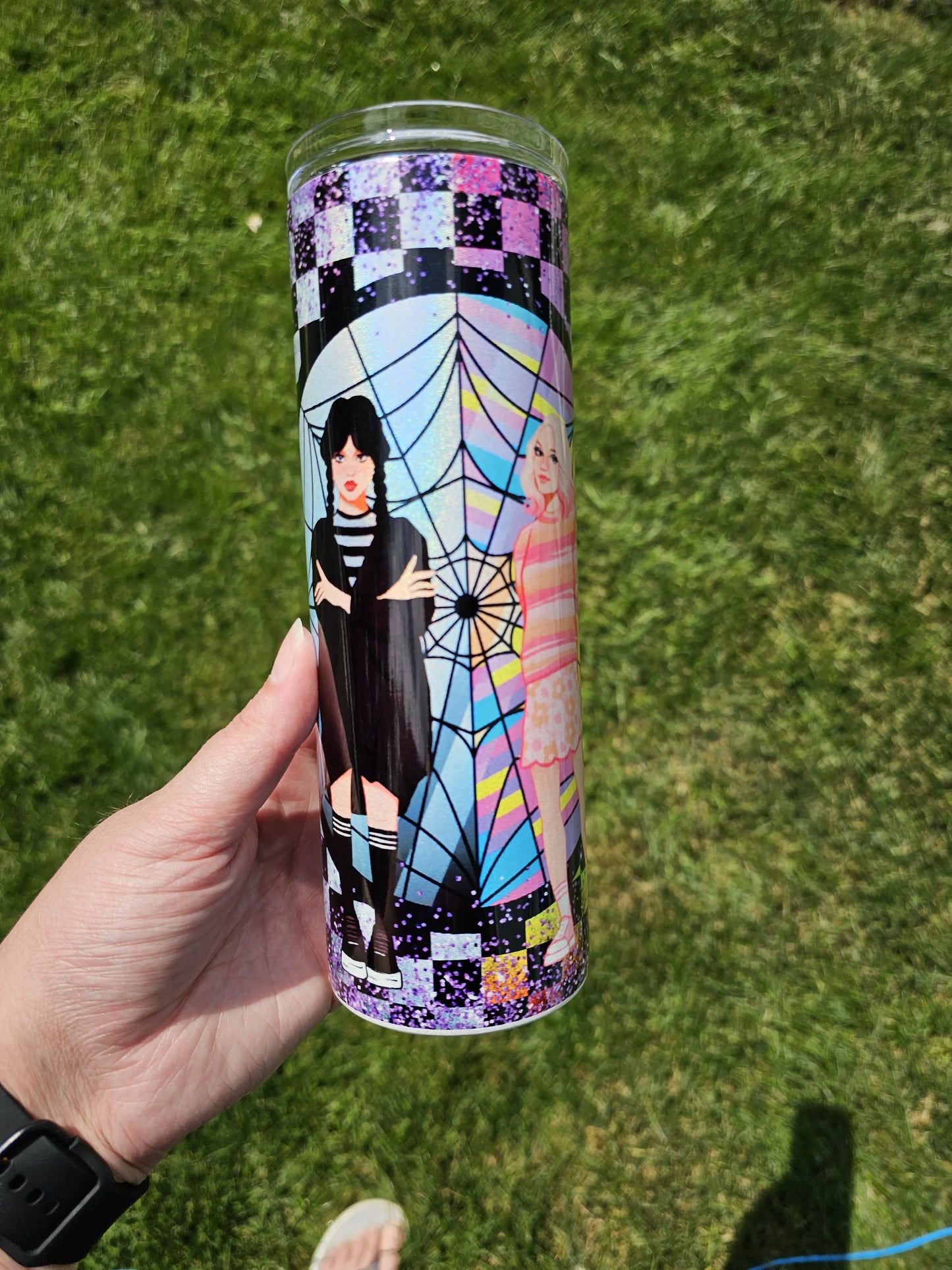 20 oz Holographic Wednesday Addams Stained Glass Web Sublimation Tumbler
