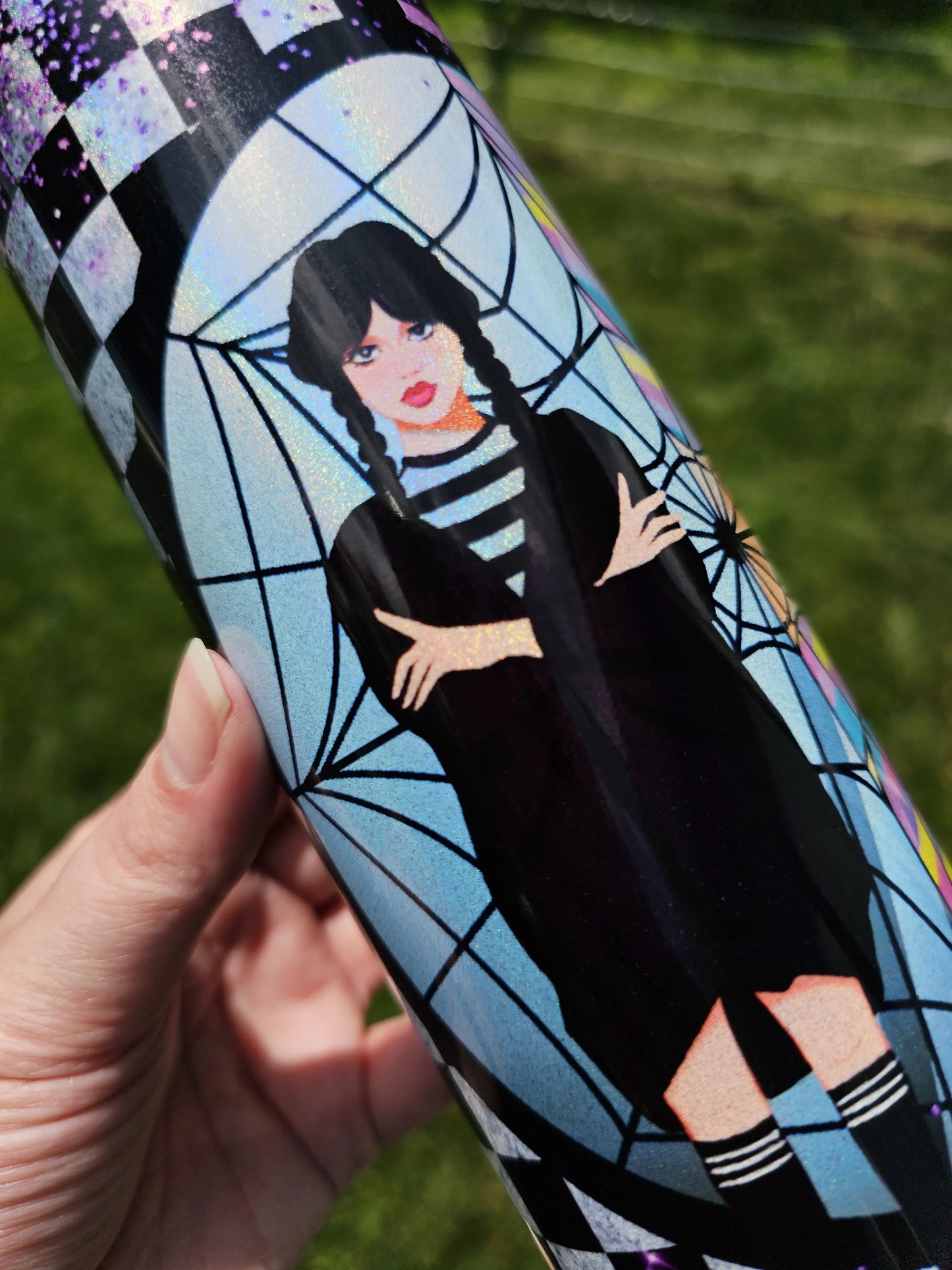 20 oz Holographic Wednesday Addams Stained Glass Web Sublimation Tumbler