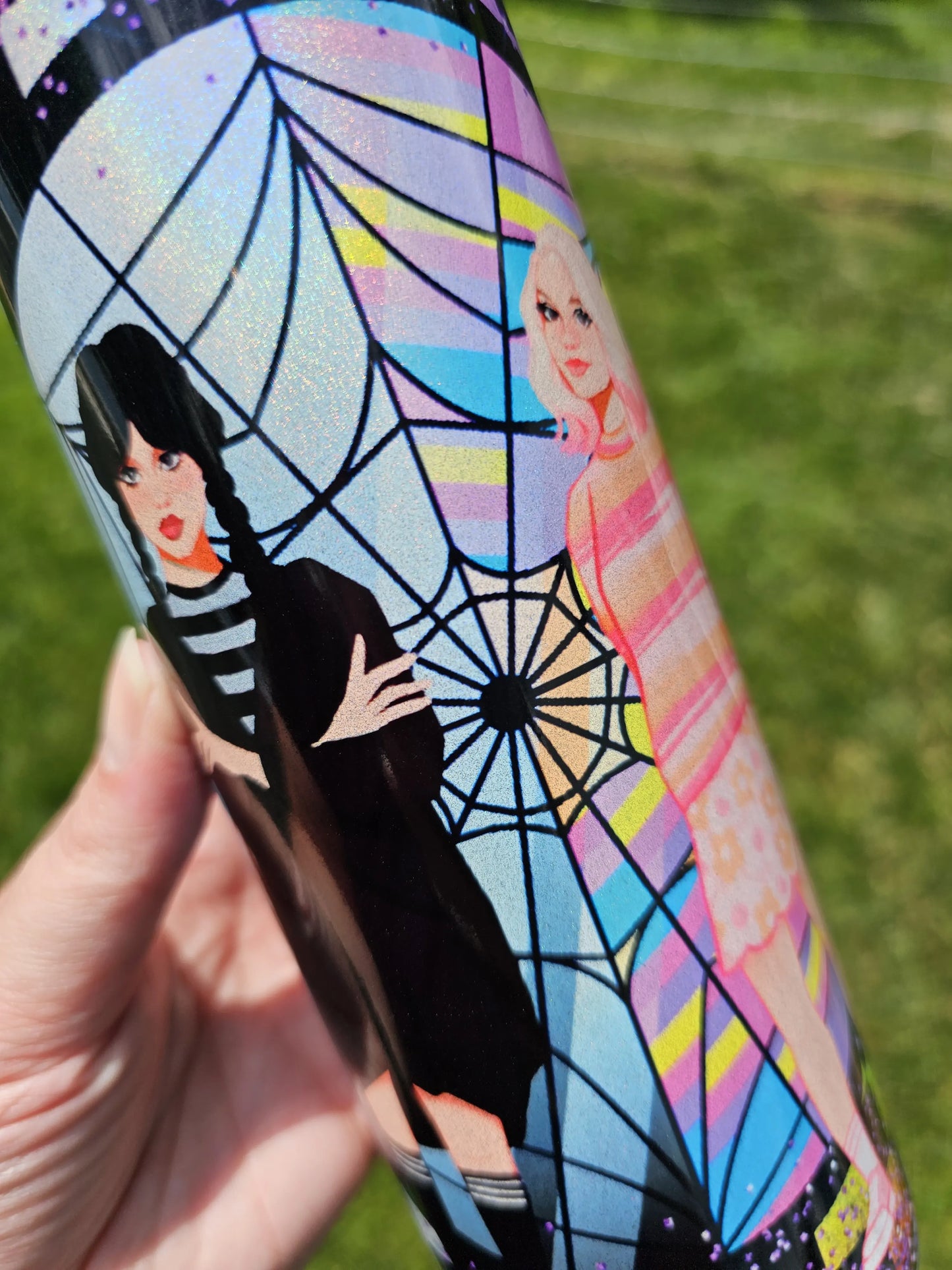 20 oz Holographic Wednesday Addams Stained Glass Web Sublimation Tumbler
