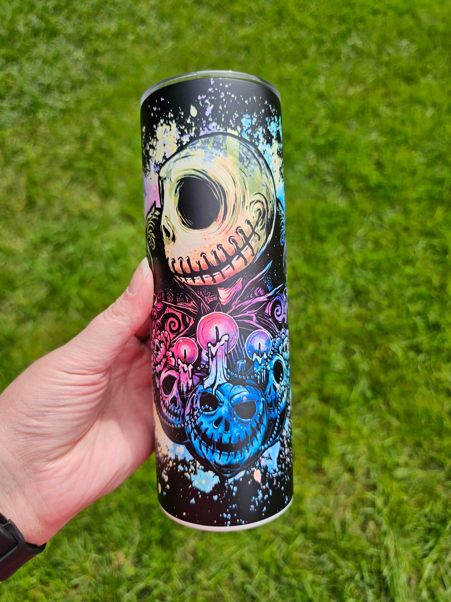 20 oz Skinny Jack and Sally Rainbow Pumpkin Heads Sublimation Tumbler Glow-in-the-Dark Blue - Imperfect