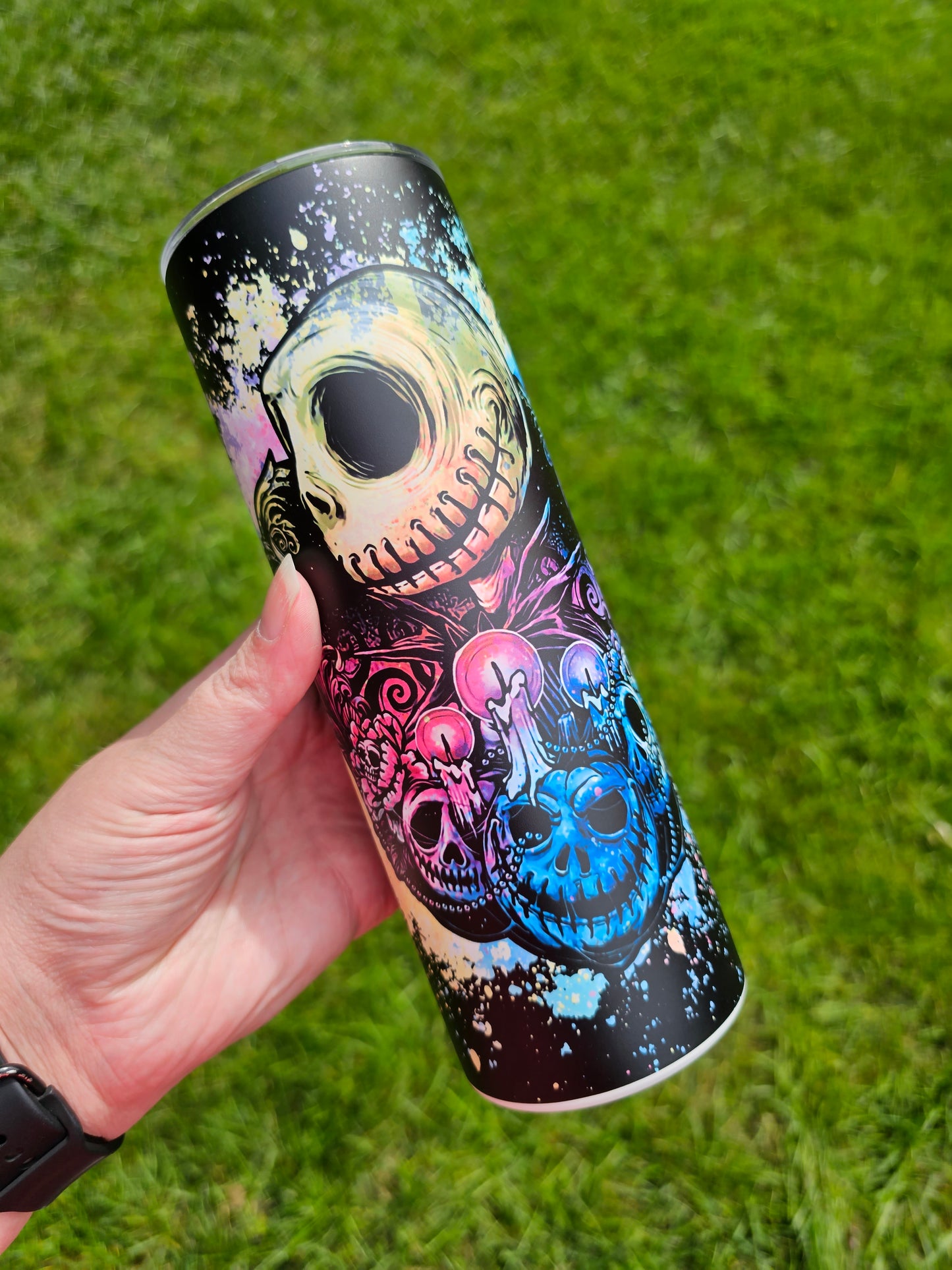 20 oz Skinny Jack and Sally Rainbow Pumpkin Heads Sublimation Tumbler Glow-in-the-Dark Blue - Imperfect