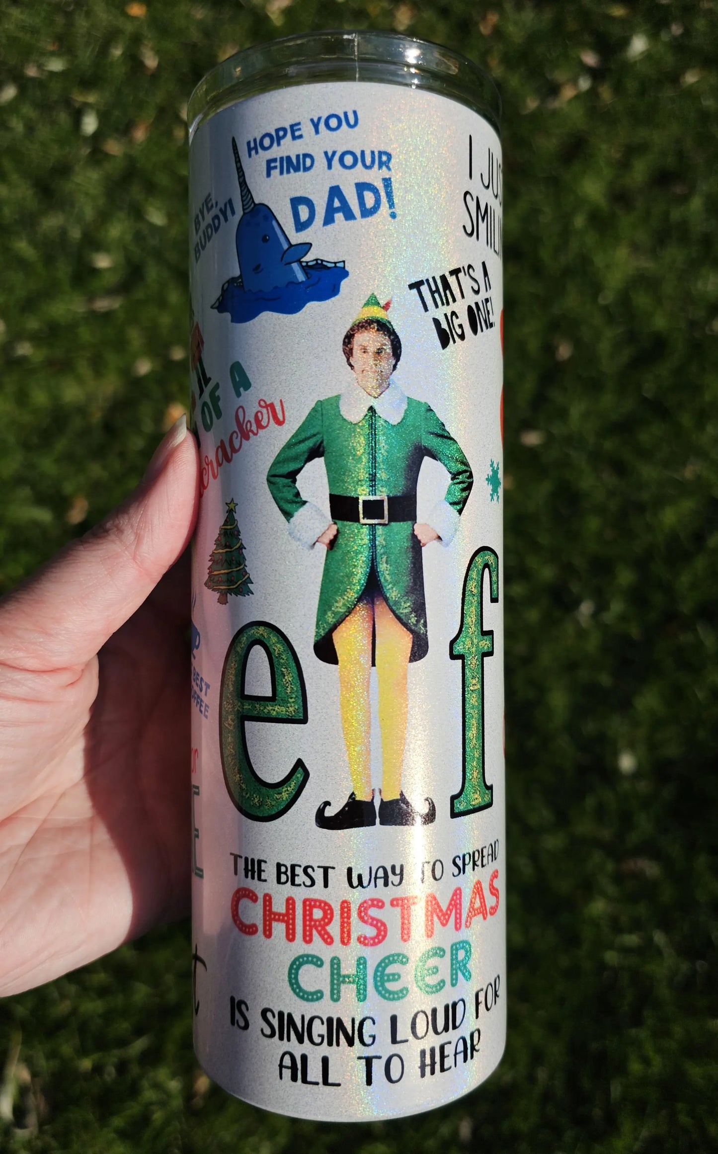 20 oz Holographic Skinny Elf Christmas Cheer Sublimation Tumbler