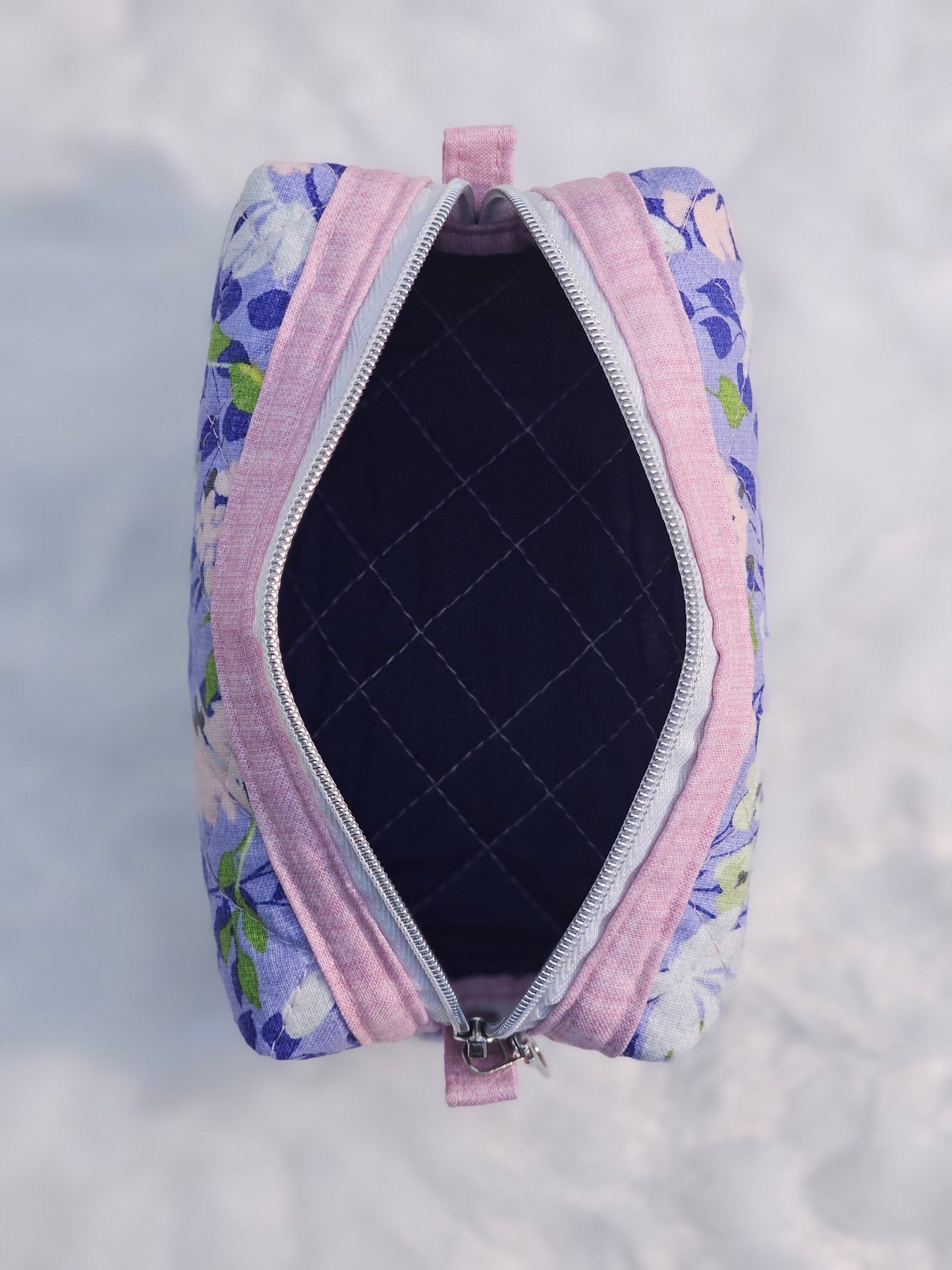 Pastel Purple Floral Light Pink Accented Quilted Pattern Mini Zipper Box Pouch