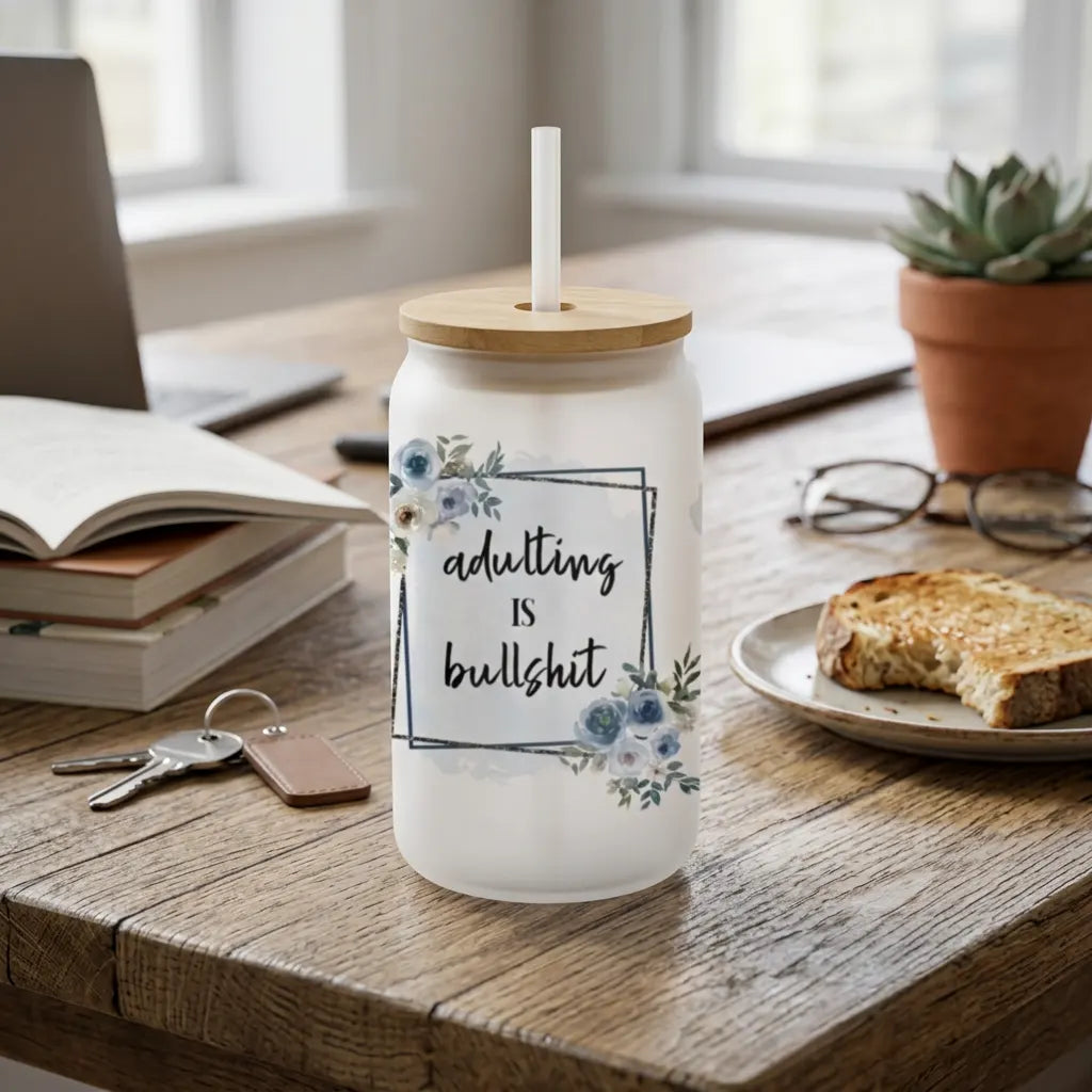 Adulting is Bullshit 16oz Frosted Floral Glass Can Set