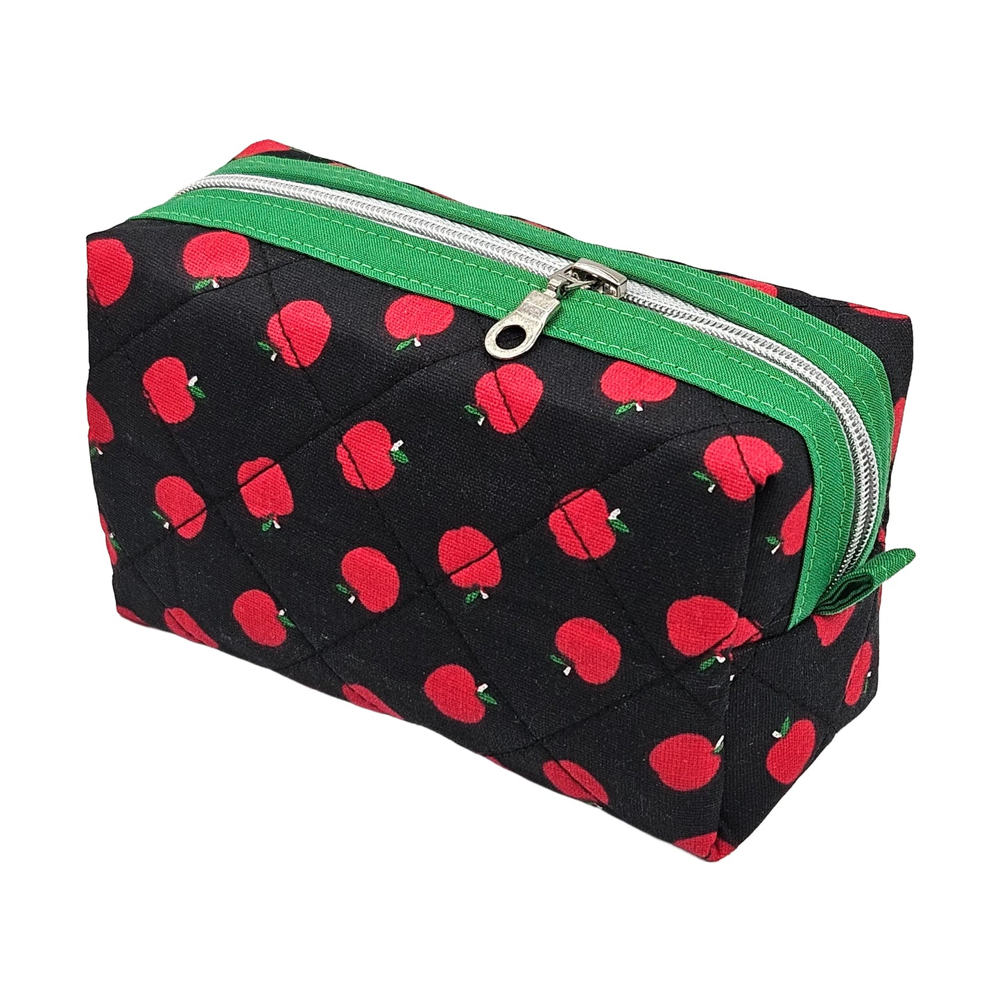 Apple Print Green Accented Quilted Pattern Mini Zipper Box Pouch