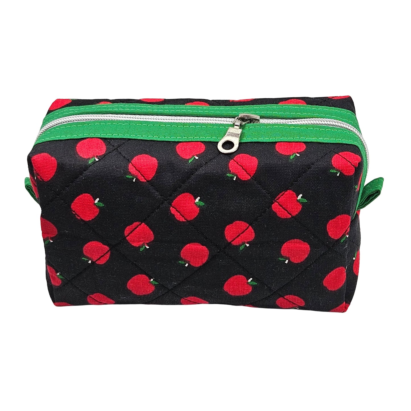 Apple Print Green Accented Quilted Pattern Mini Zipper Box Pouch