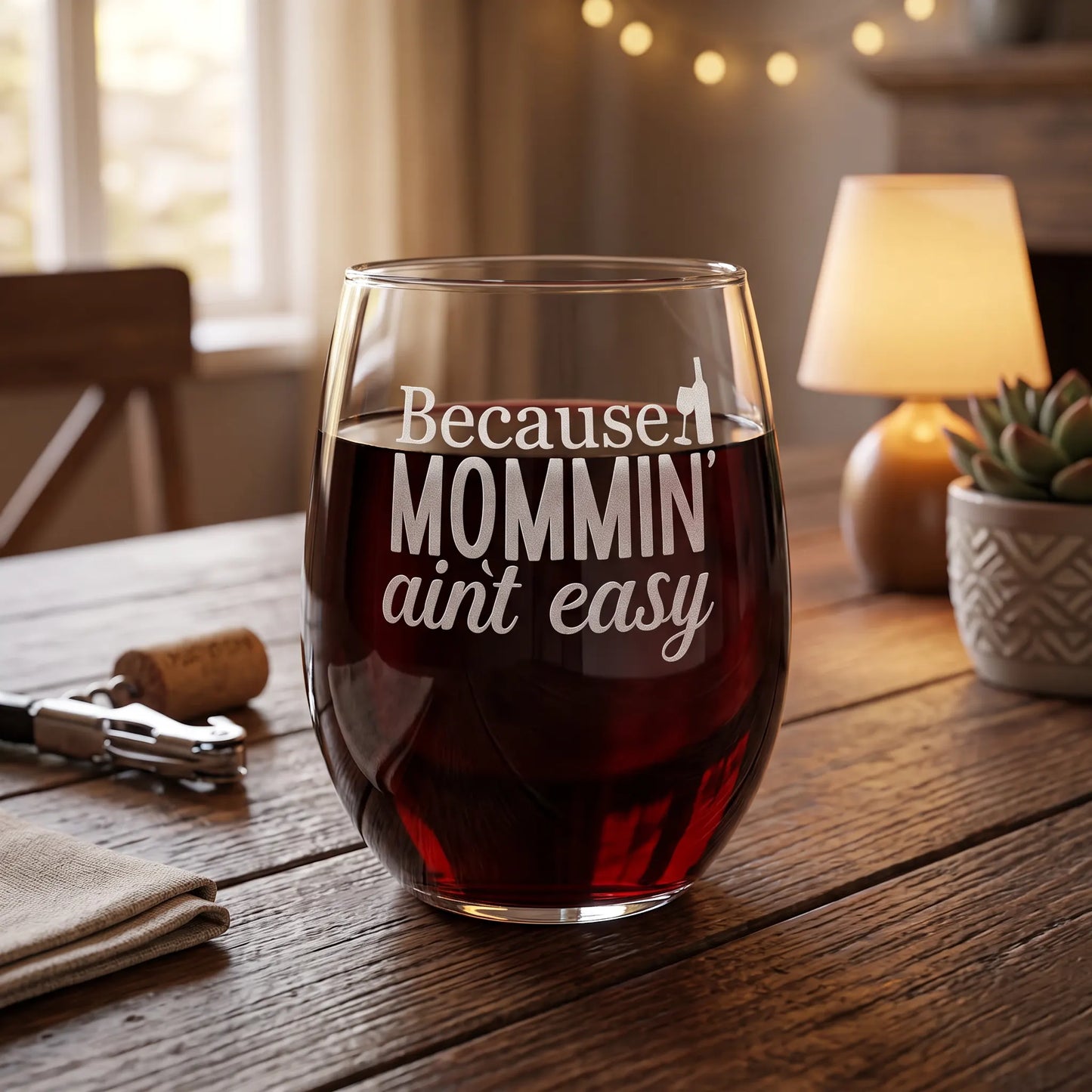 Because Mommin' Ain't Easy Etched 15oz Stemless Wine Glass