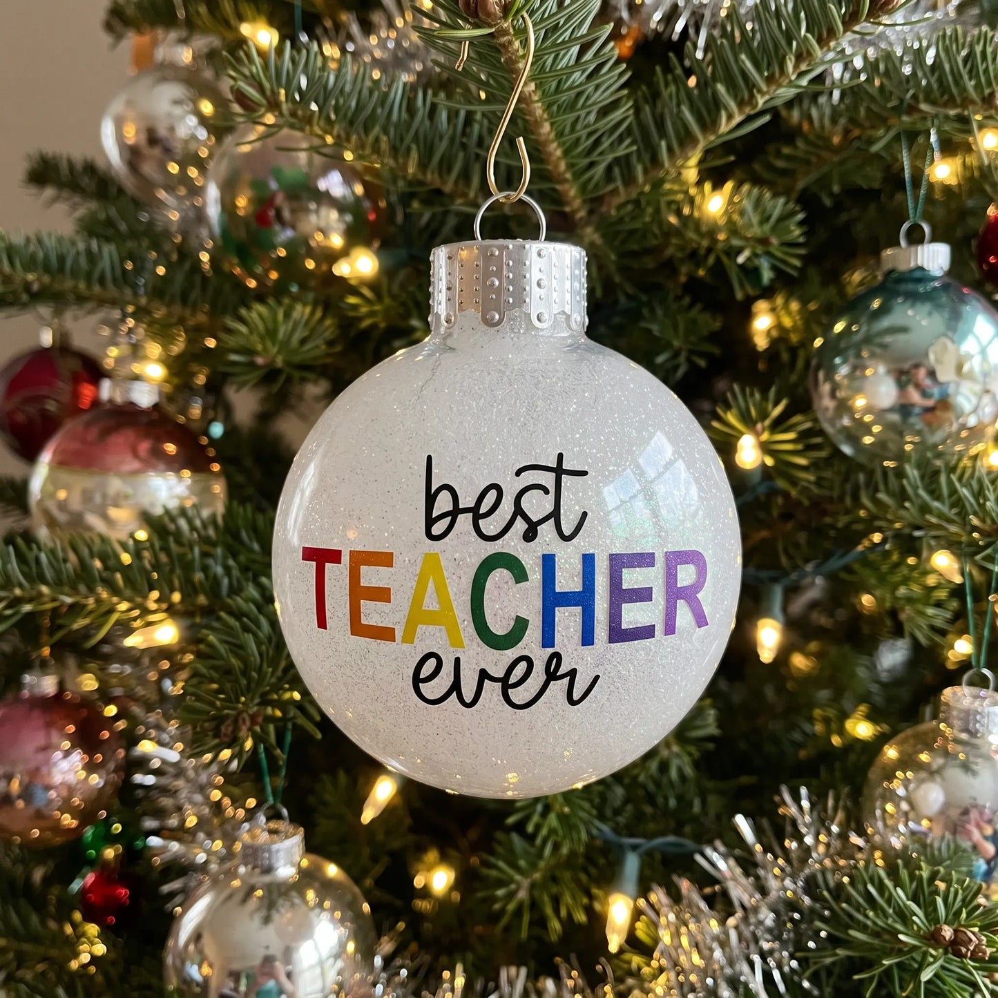 Best Teacher Ever Rainbow Glitter Christmas Ornament