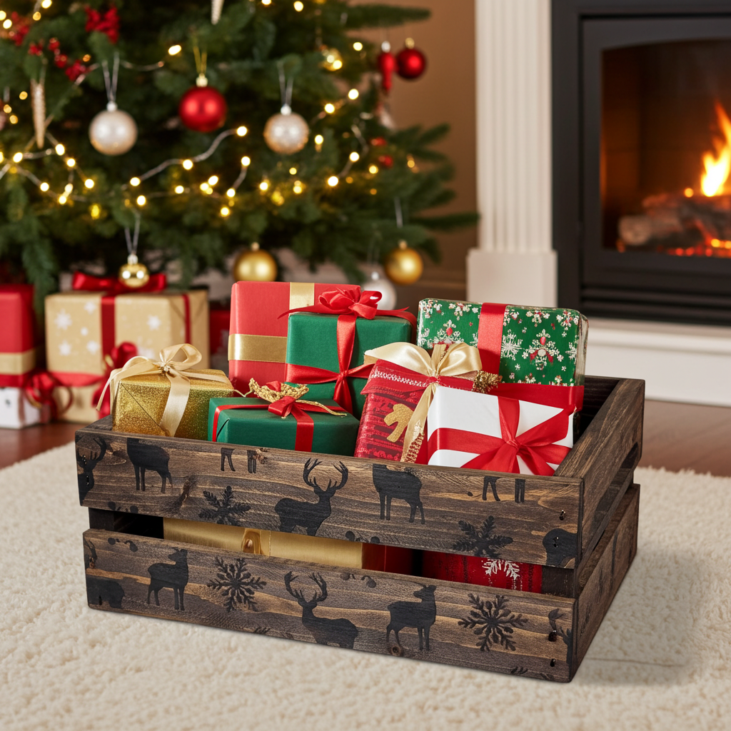 Wood Burnt Holiday Reindeer Snowflakes Solid Wood Crate