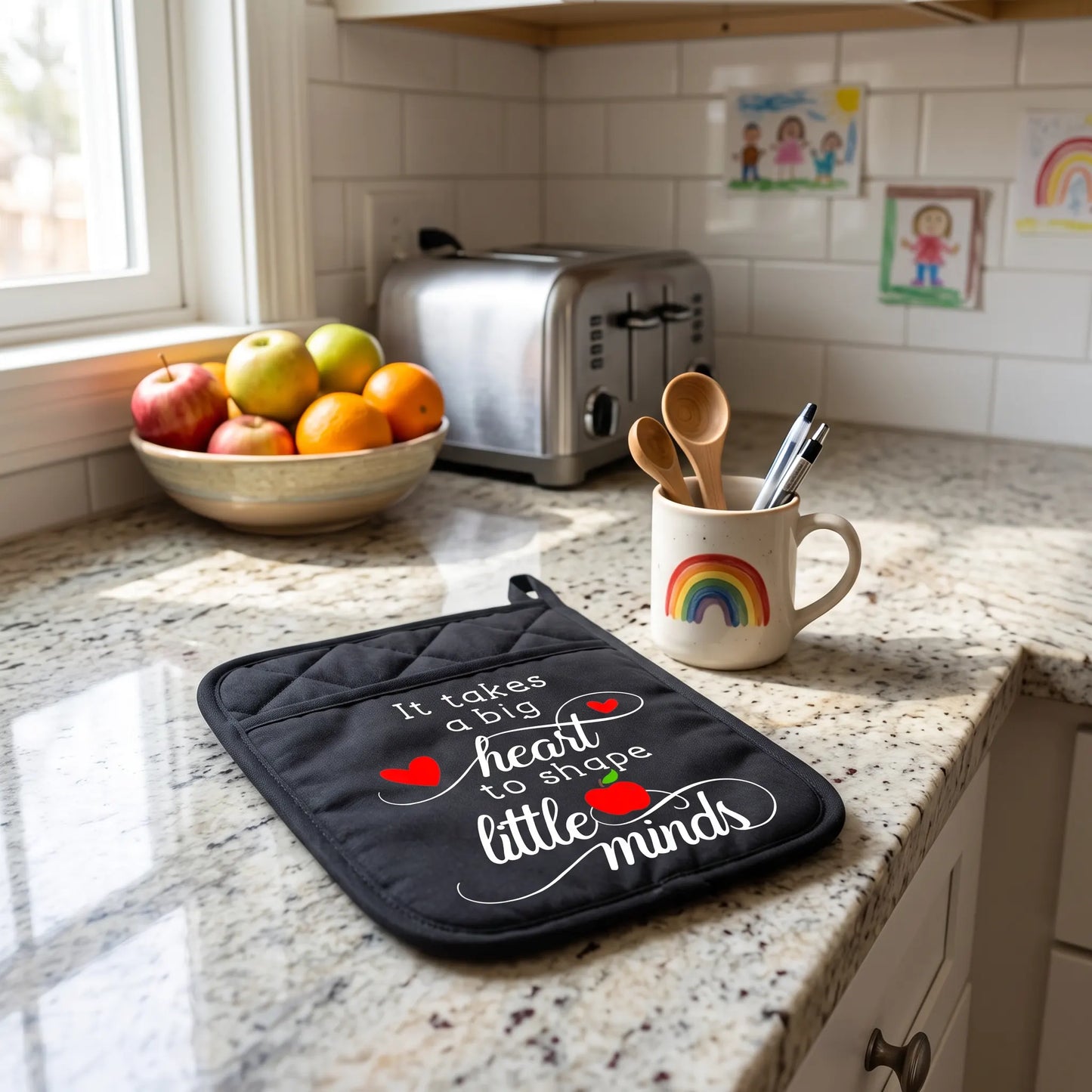 Big Heart Little Minds Black Pocket Polyester Potholder