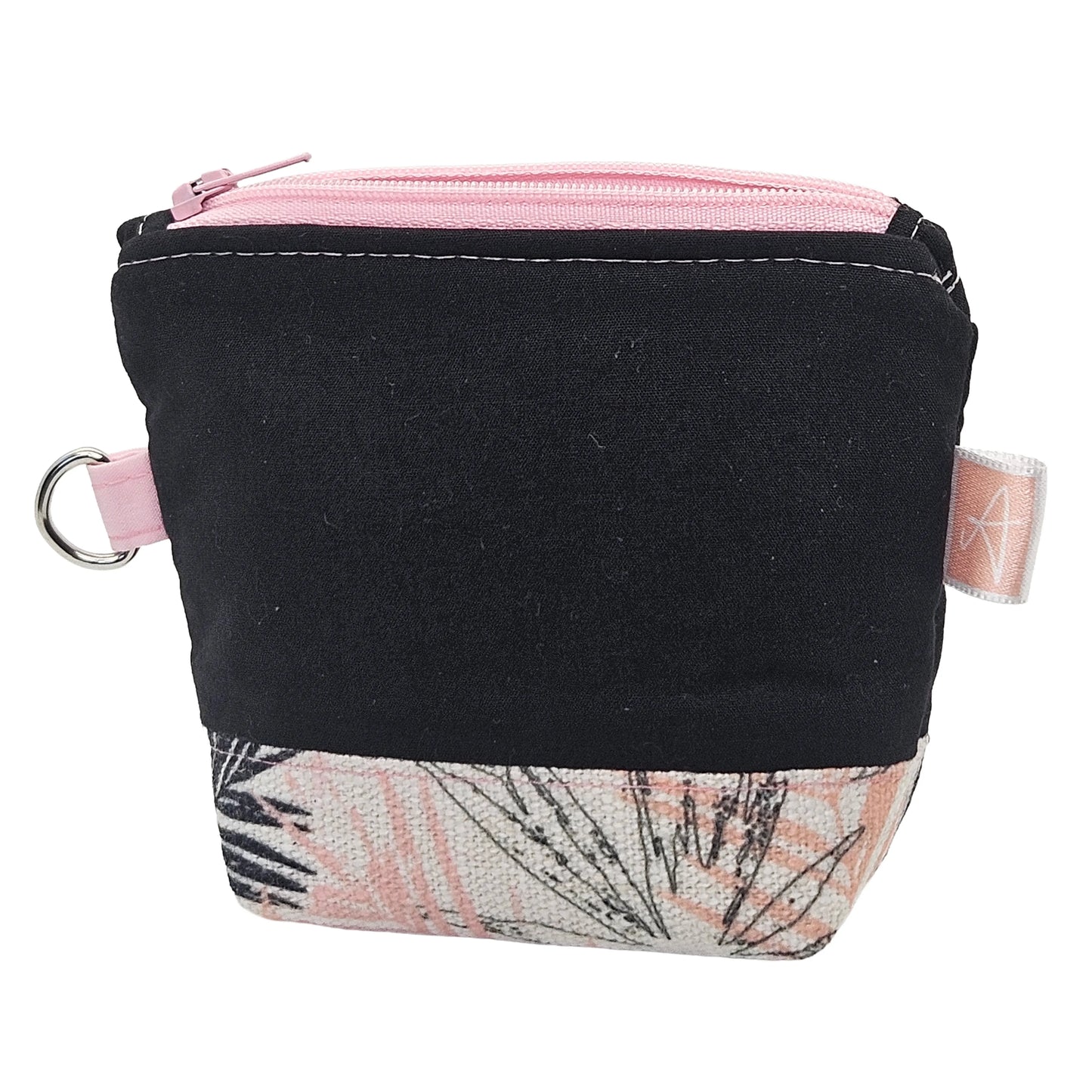 Black and Pink Floral Pattern Handmade Mini D-Ring Zipper Pouch